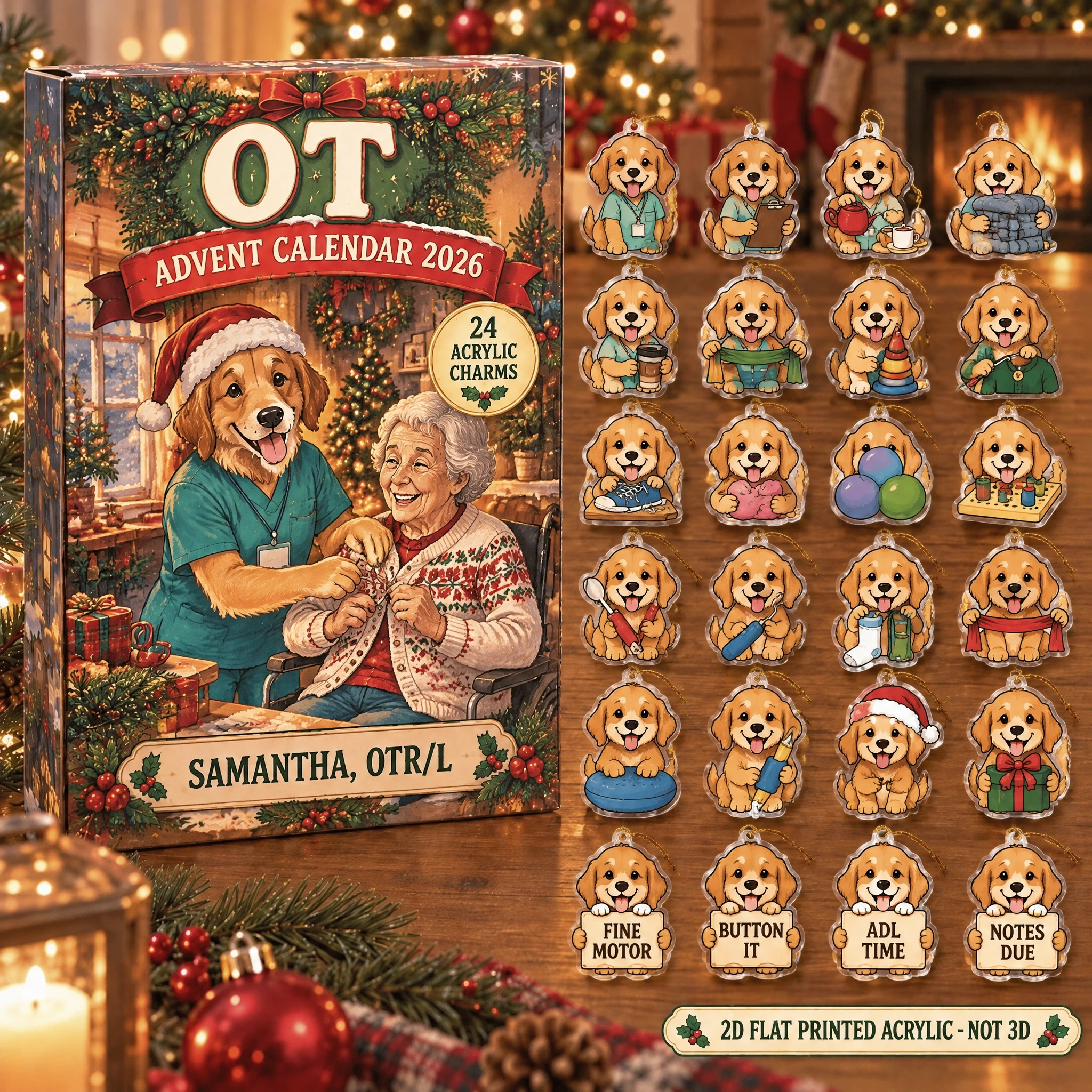 Personalized OT Dog advent calendar box with 24 flat acrylic Christmas charms
