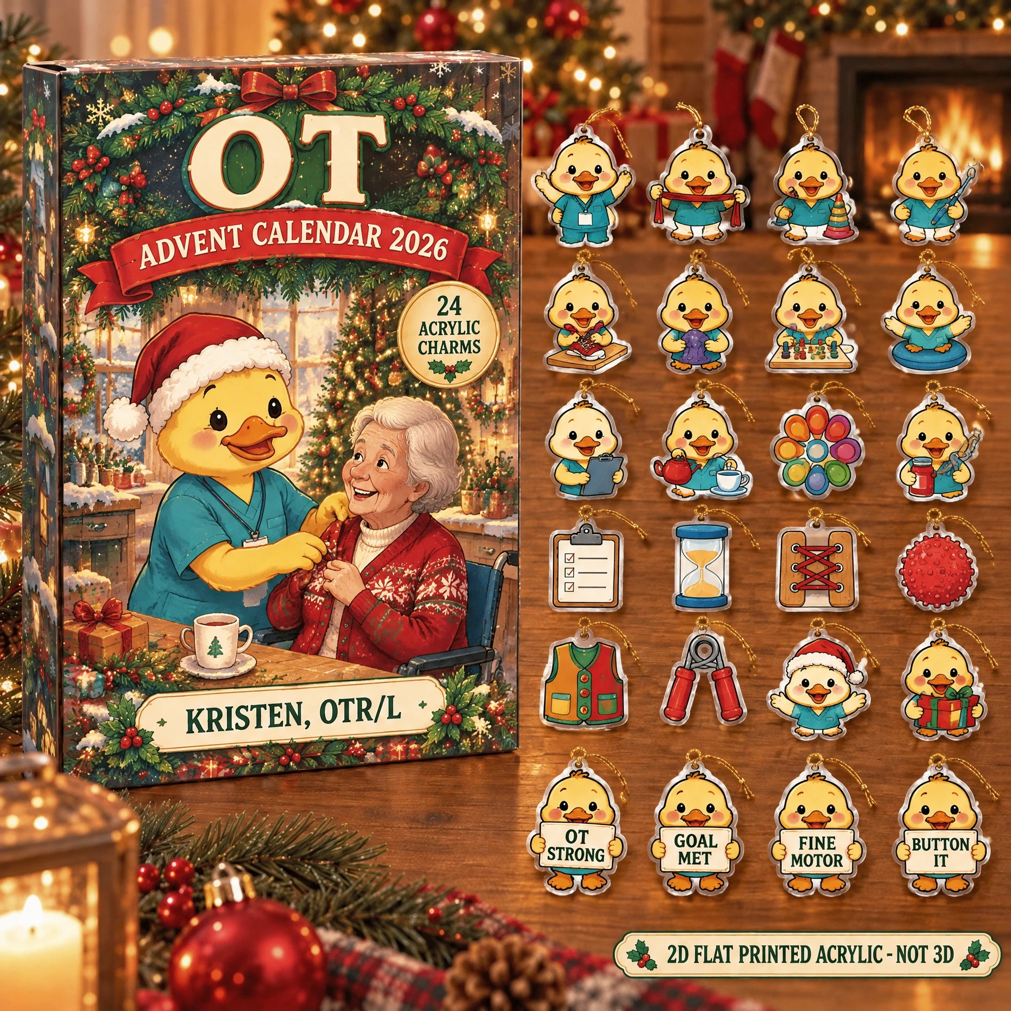Personalized OT Duck advent calendar box with 24 flat acrylic Christmas charms