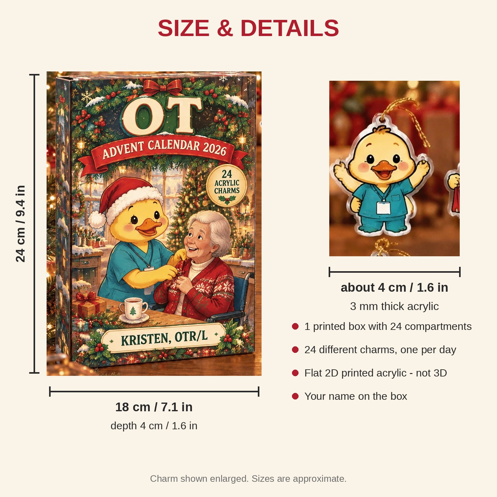 Personalized OT Duck advent calendar box with 24 flat acrylic Christmas charms: box and charm sizes