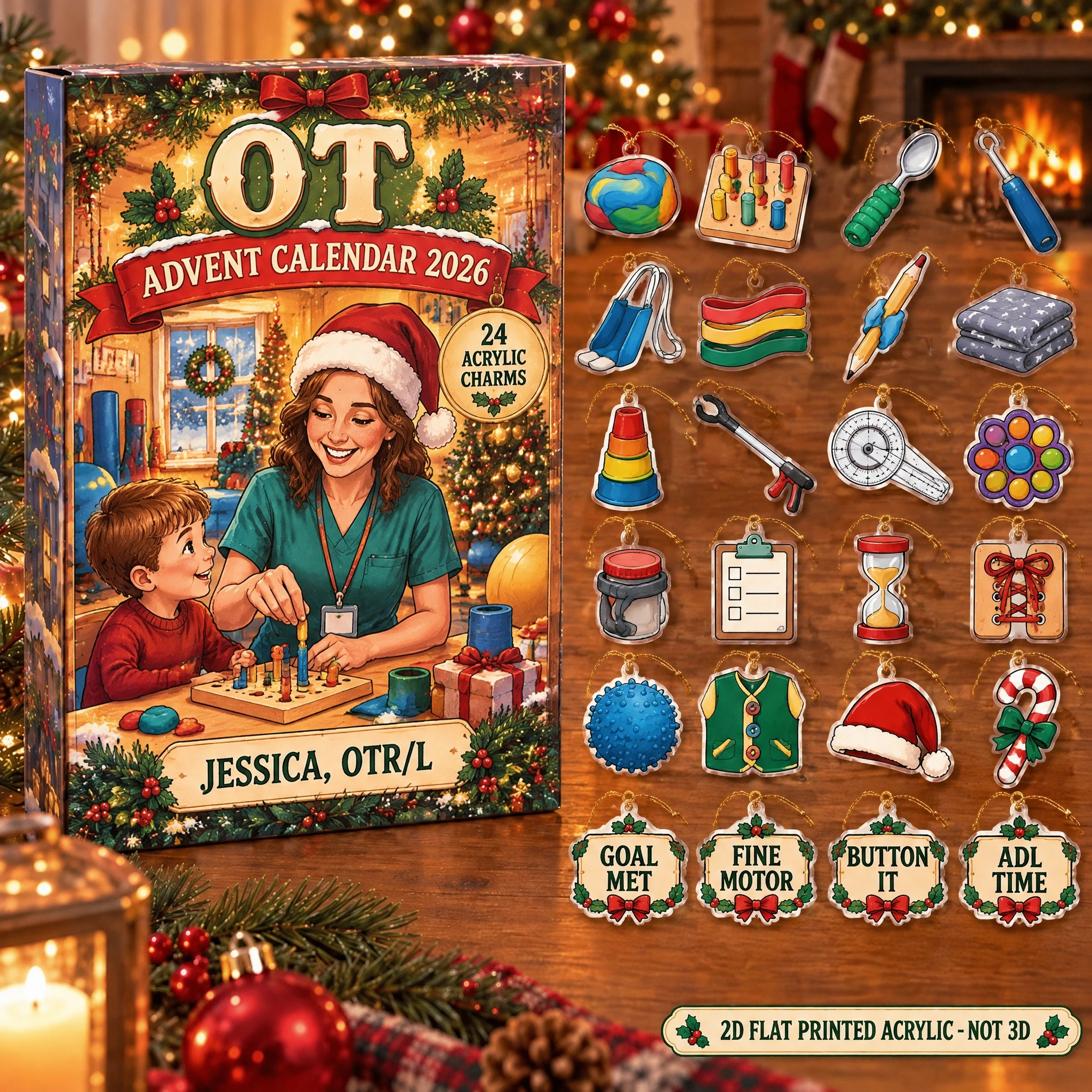 Personalized OT Essentials advent calendar box with 24 flat acrylic Christmas charms