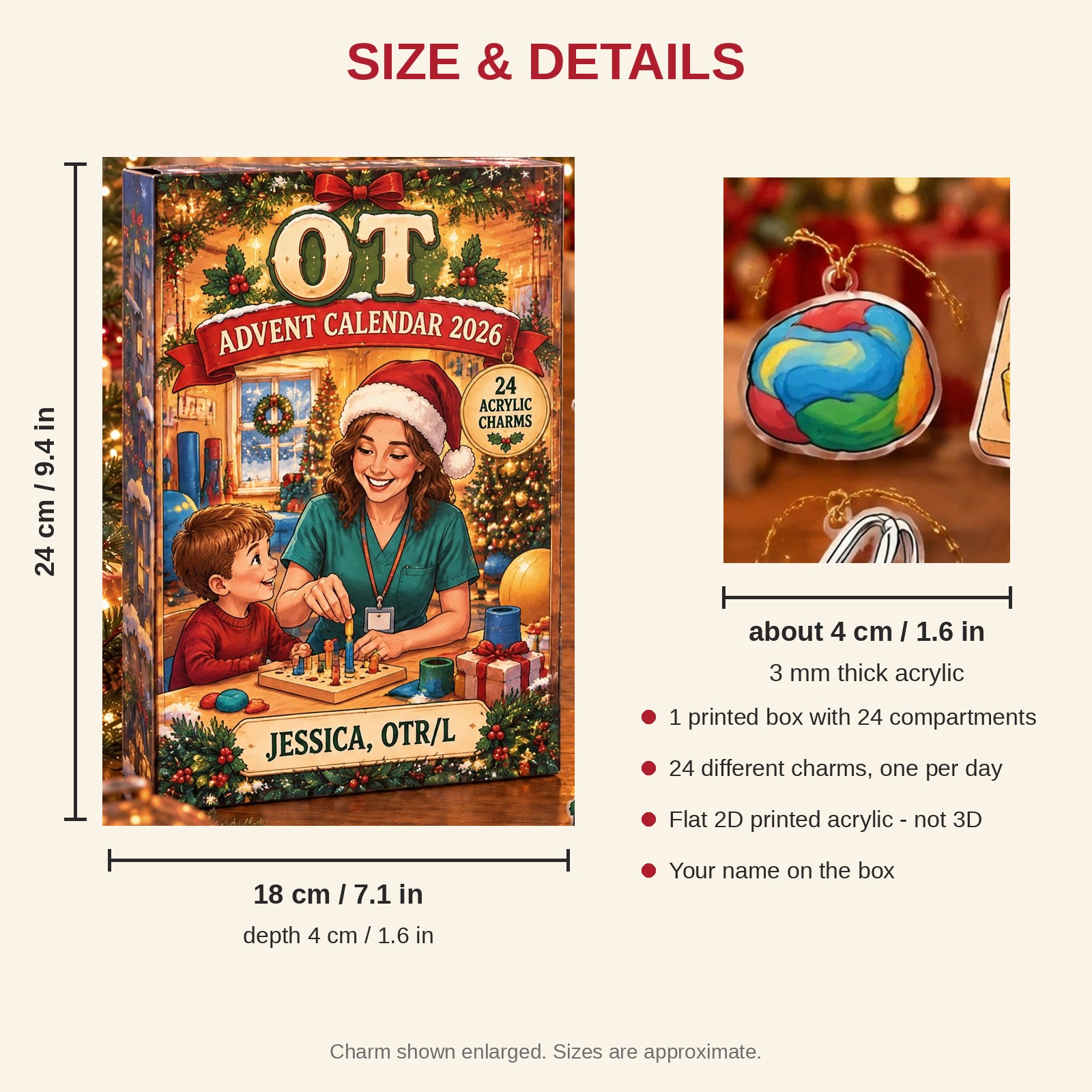 Personalized OT Essentials advent calendar box with 24 flat acrylic Christmas charms: box and charm sizes