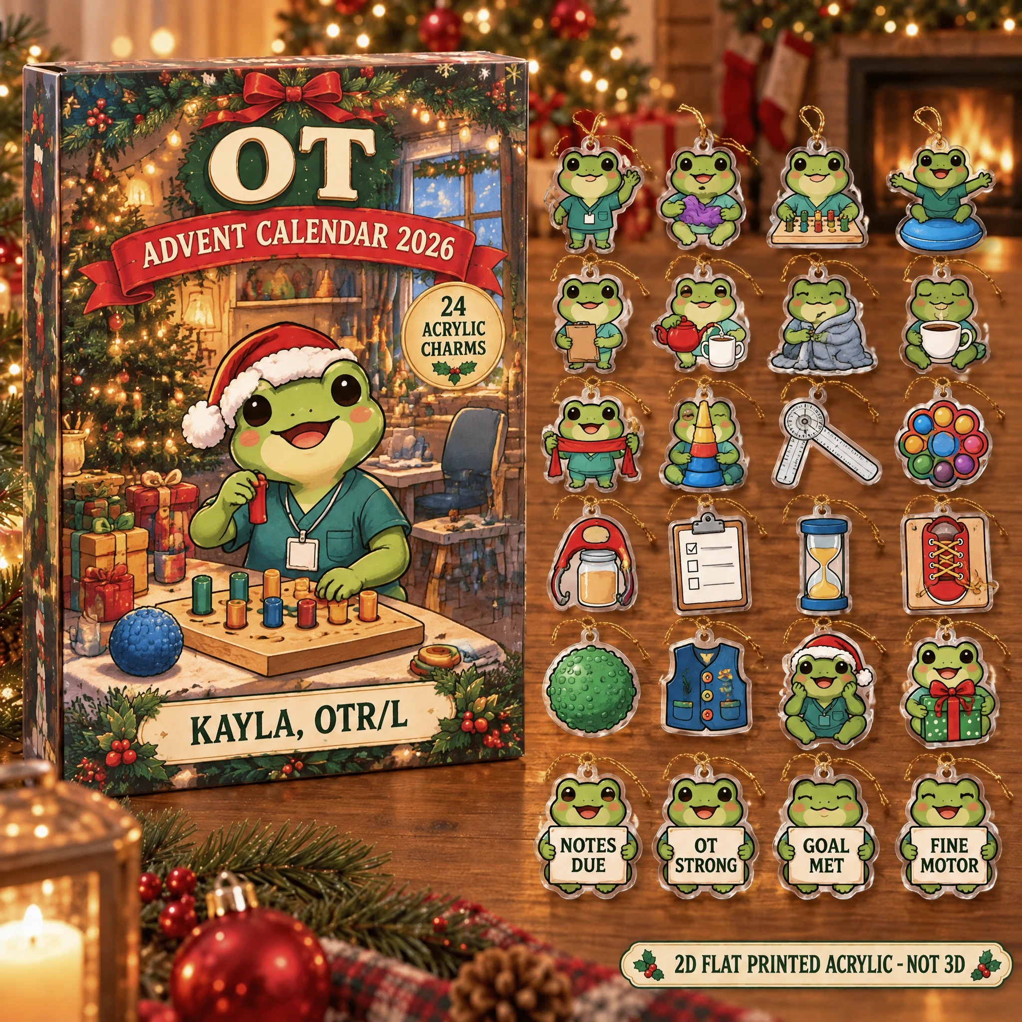 Personalized OT Frog advent calendar box with 24 flat acrylic Christmas charms