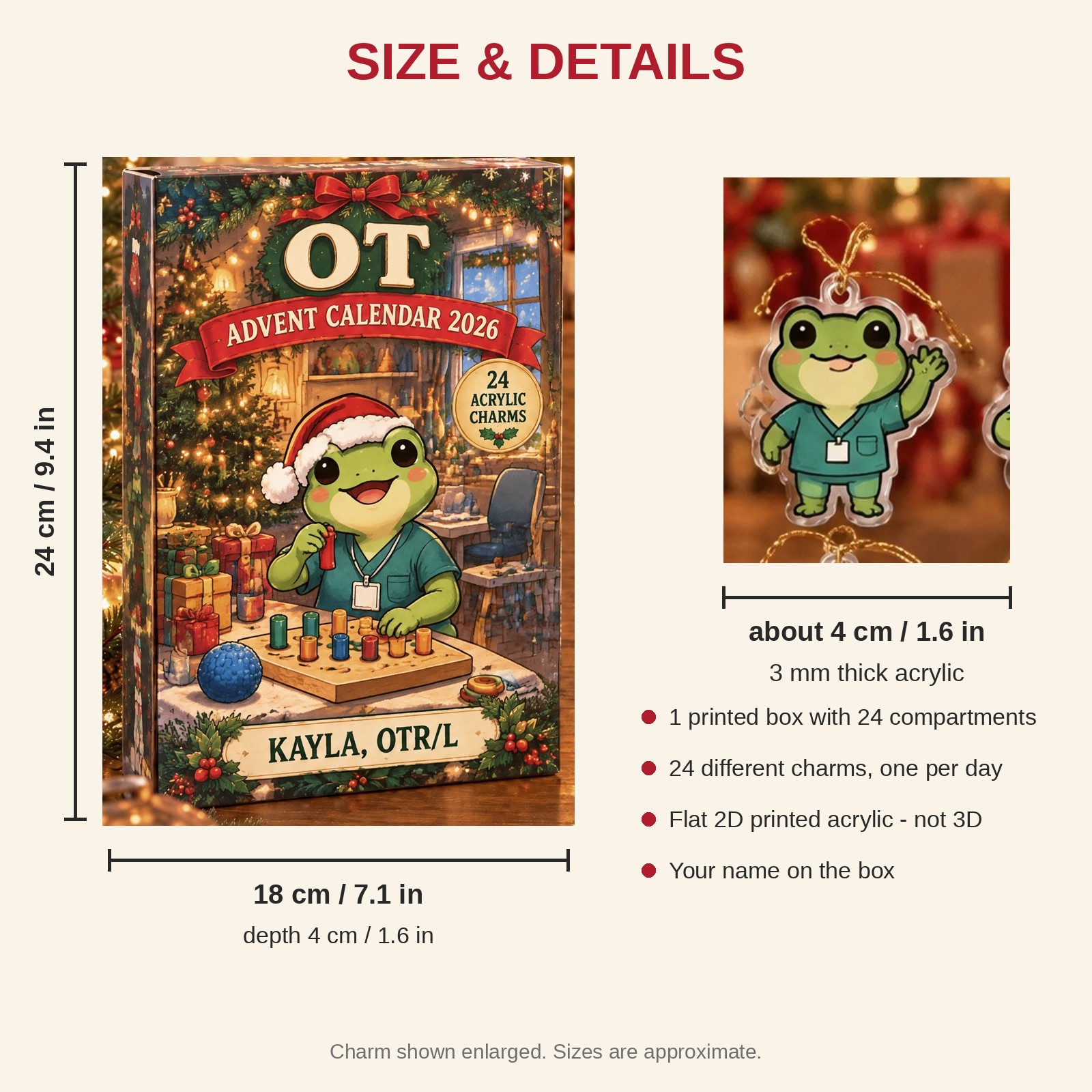 Personalized OT Frog advent calendar box with 24 flat acrylic Christmas charms: box and charm sizes