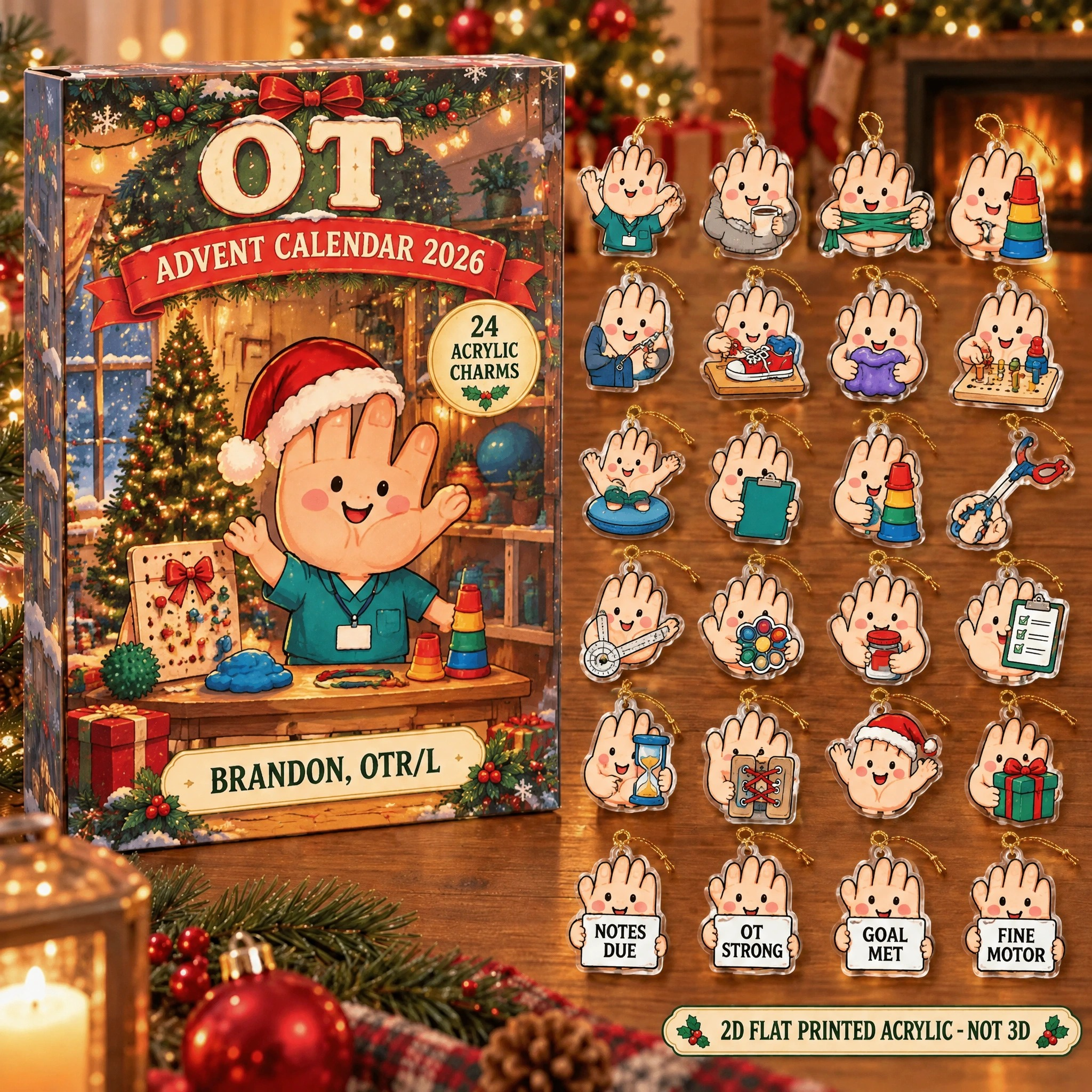 Personalized Funny Anatomy OT advent calendar box with 24 flat acrylic Christmas charms