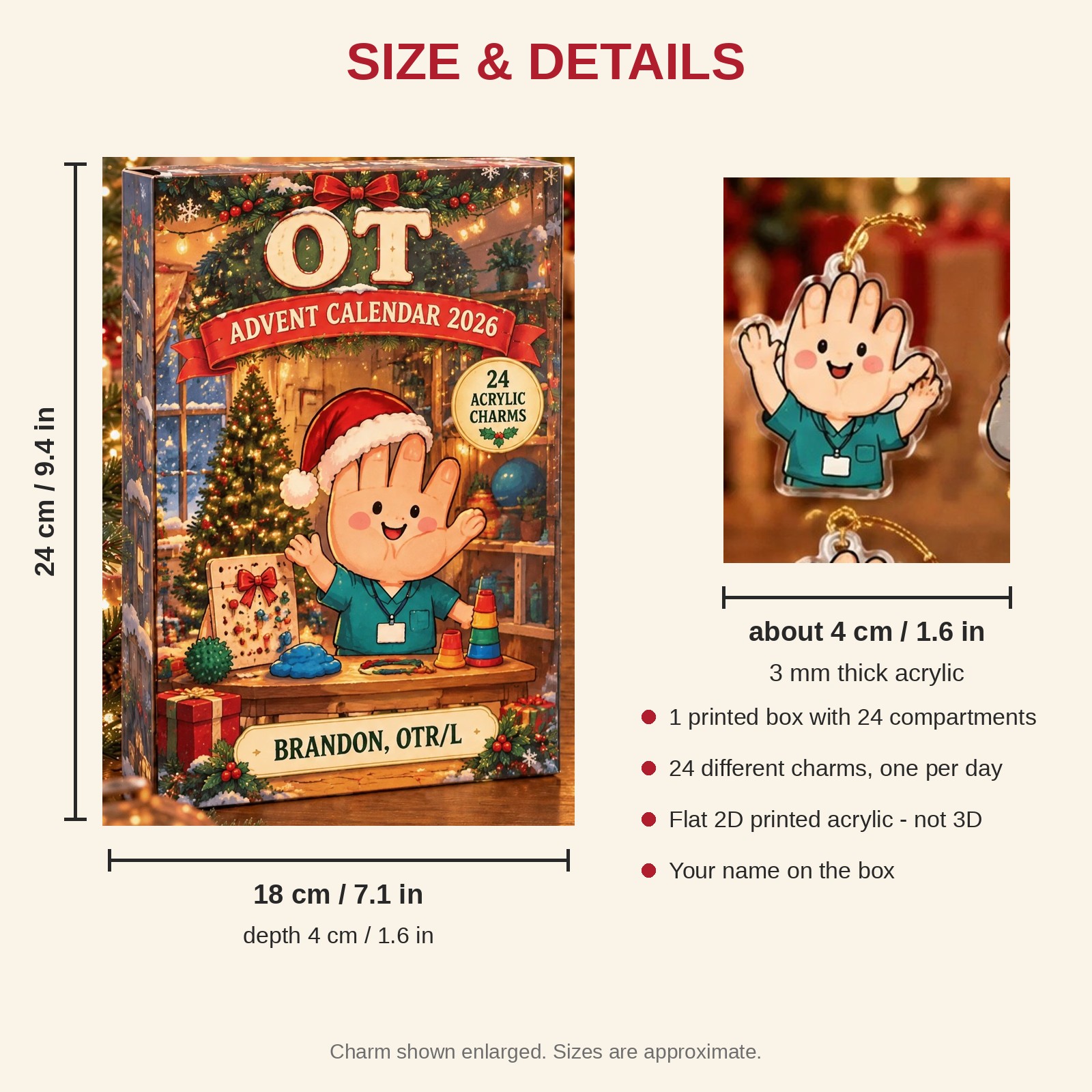 Personalized Funny Anatomy OT advent calendar box with 24 flat acrylic Christmas charms: box and charm sizes