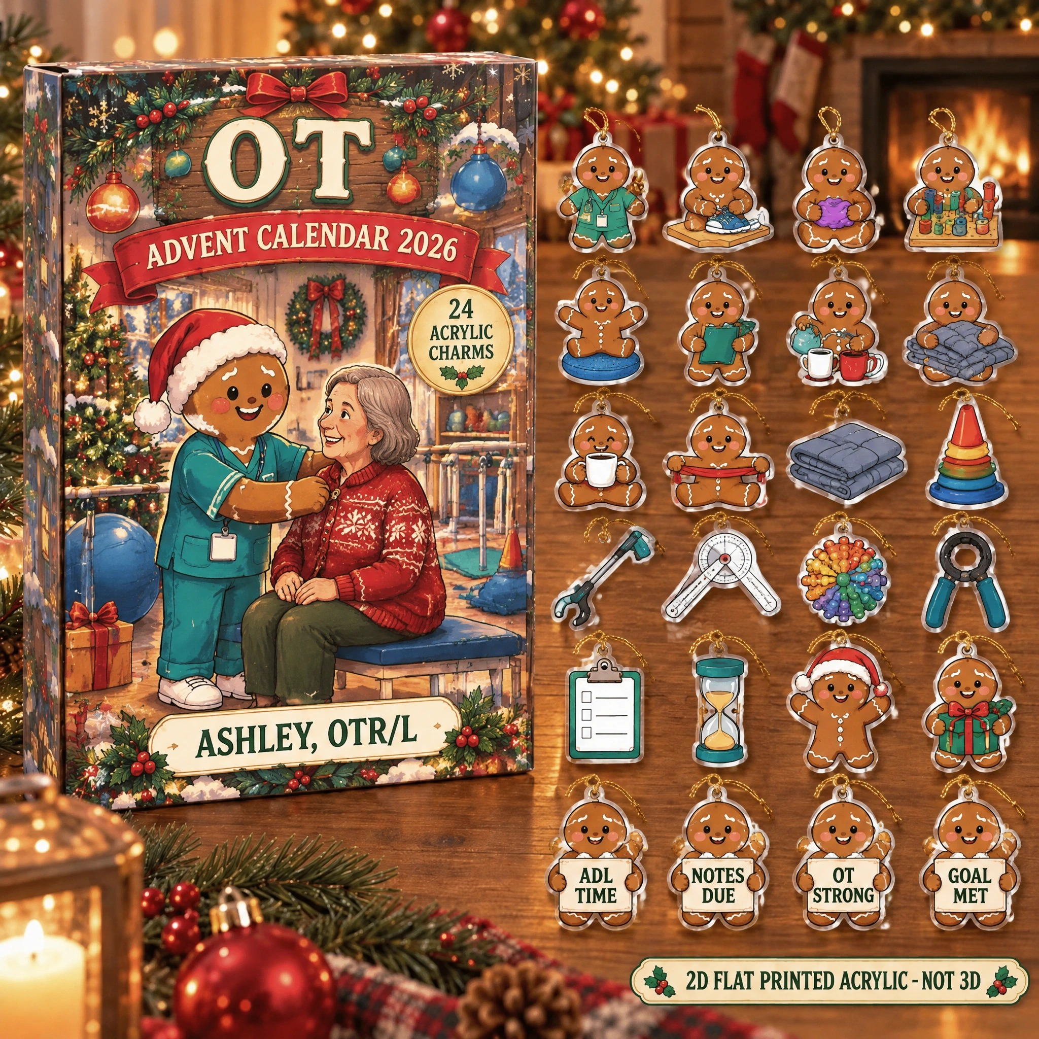 Personalized Gingerbread OT advent calendar box with 24 flat acrylic Christmas charms
