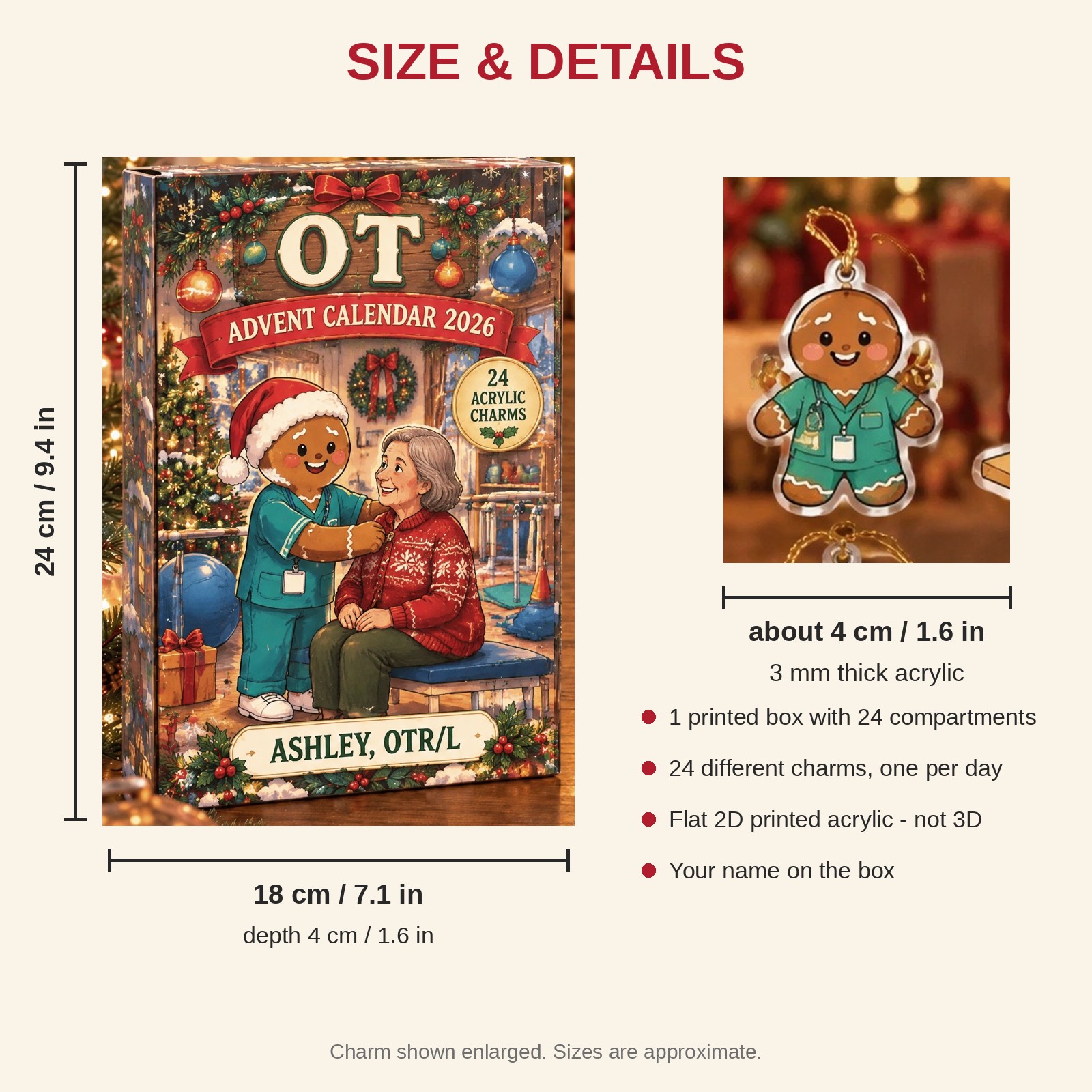 Personalized Gingerbread OT advent calendar box with 24 flat acrylic Christmas charms: box and charm sizes