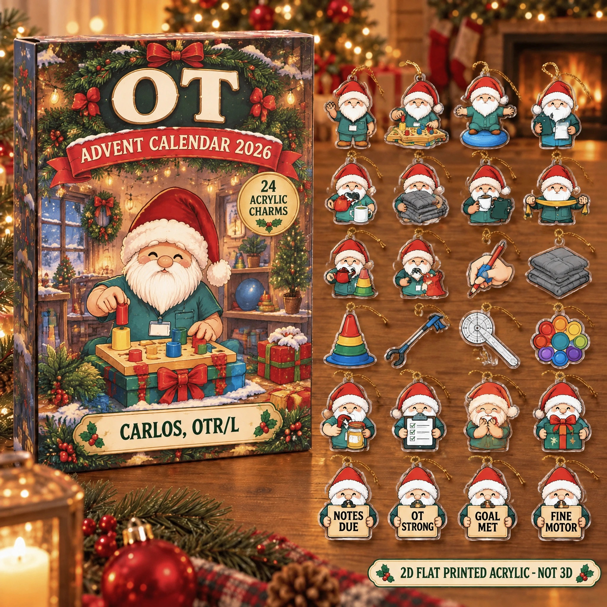 Personalized OT Gnome advent calendar box with 24 flat acrylic Christmas charms