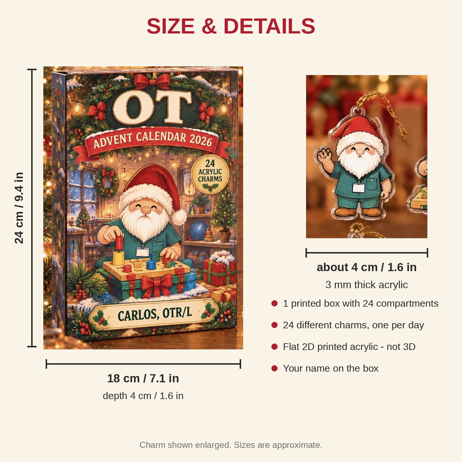 Personalized OT Gnome advent calendar box with 24 flat acrylic Christmas charms: box and charm sizes