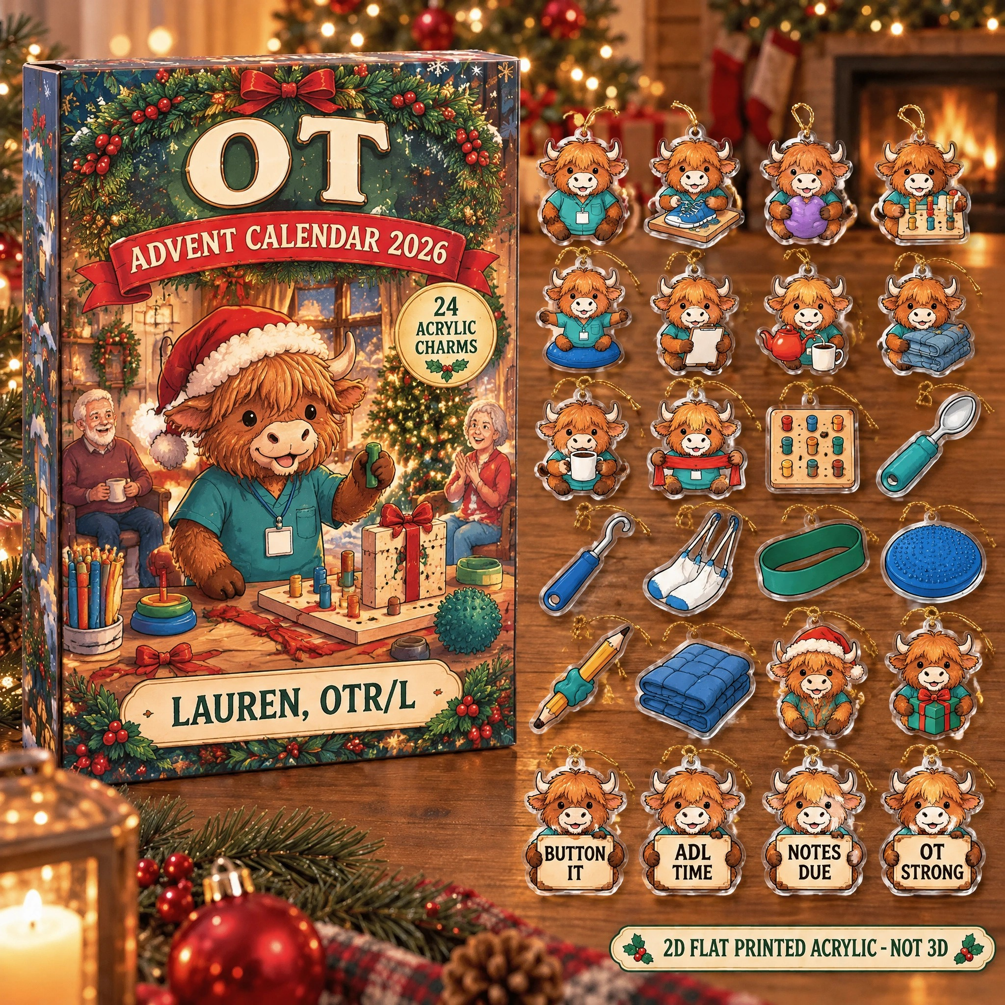 Personalized OT Highland Cow advent calendar box with 24 flat acrylic Christmas charms