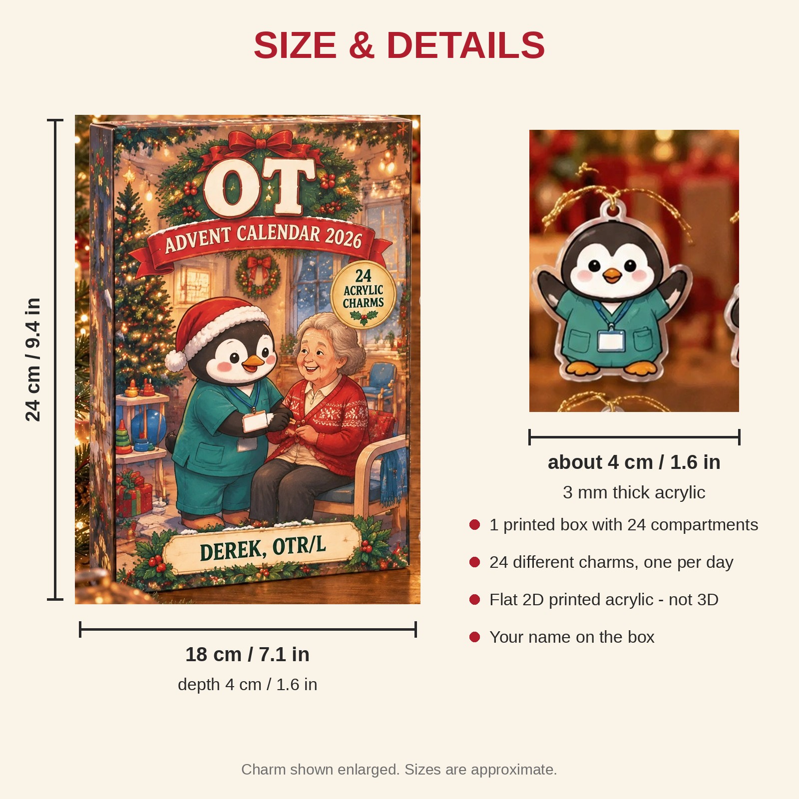 Personalized OT Penguin advent calendar box with 24 flat acrylic Christmas charms: box and charm sizes