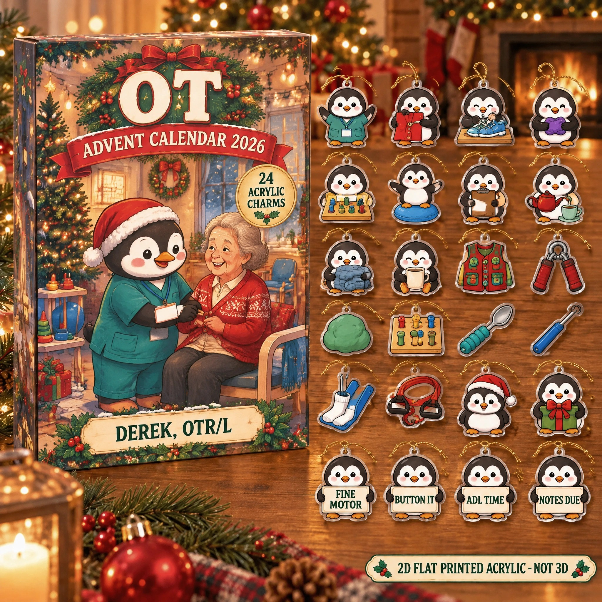 Personalized OT Penguin advent calendar box with 24 flat acrylic Christmas charms