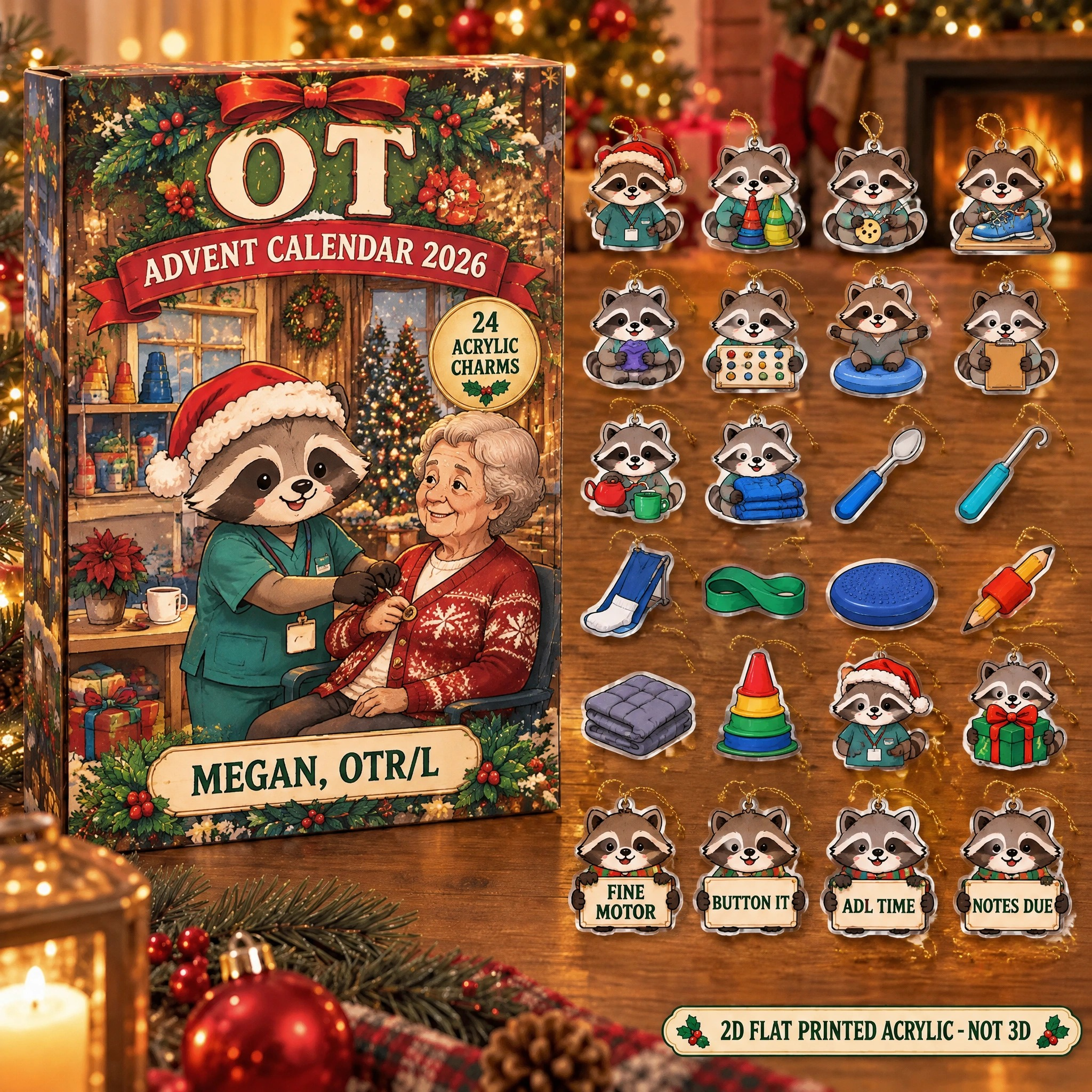Personalized OT Raccoon advent calendar box with 24 flat acrylic Christmas charms