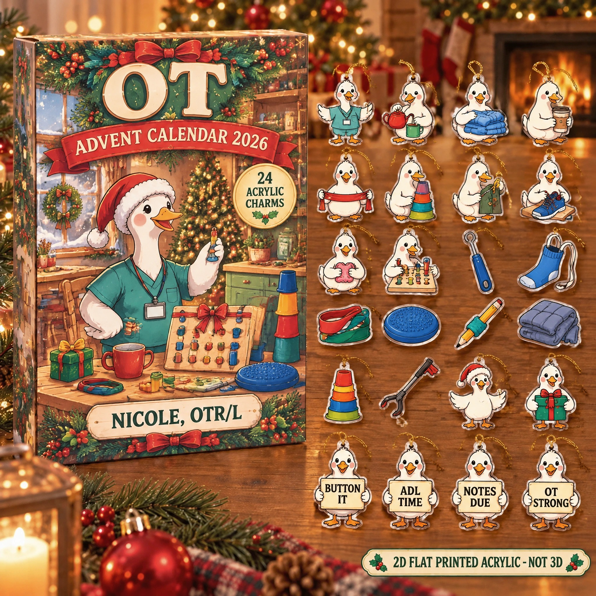 Personalized OT Silly Goose advent calendar box with 24 flat acrylic Christmas charms