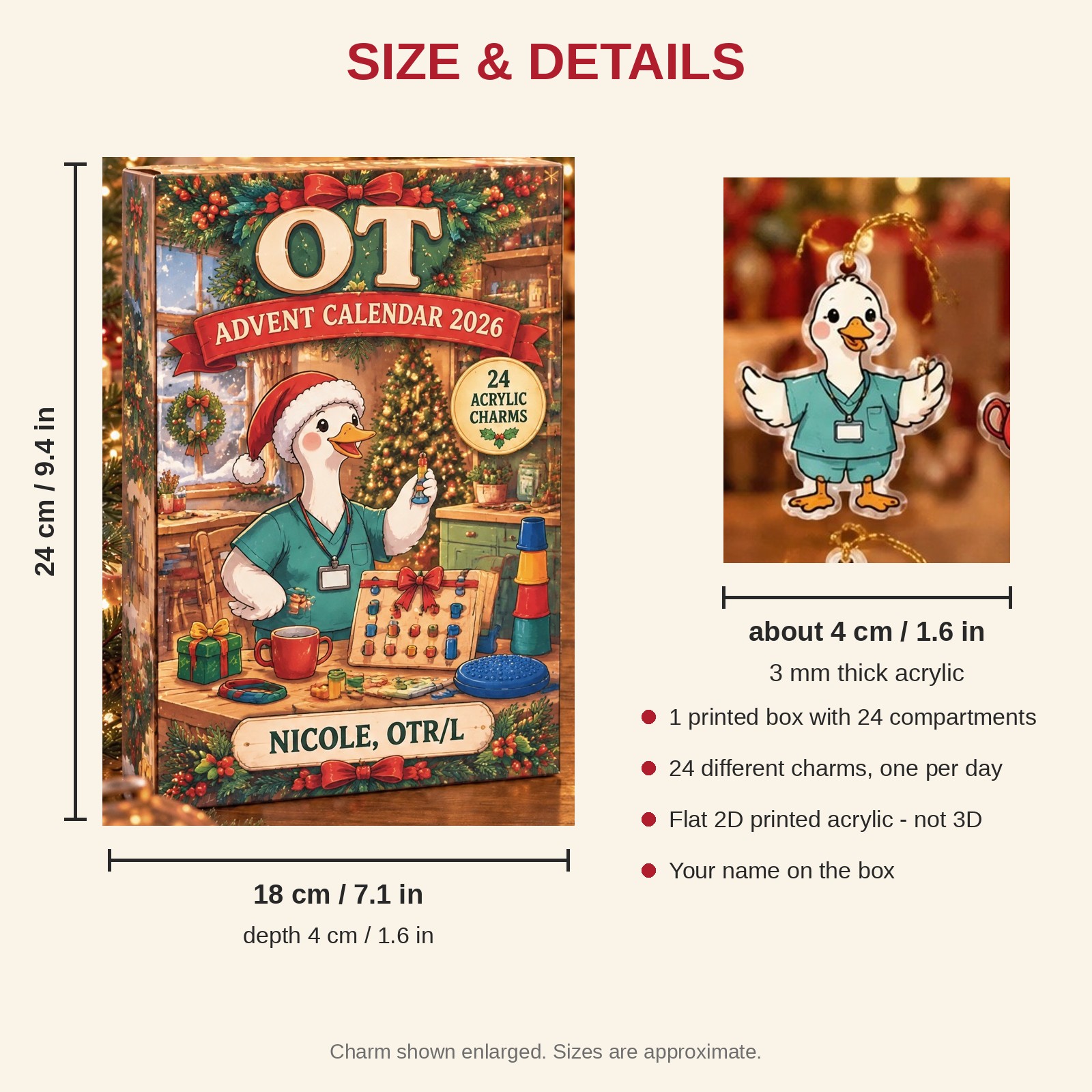 Personalized OT Silly Goose advent calendar box with 24 flat acrylic Christmas charms: box and charm sizes