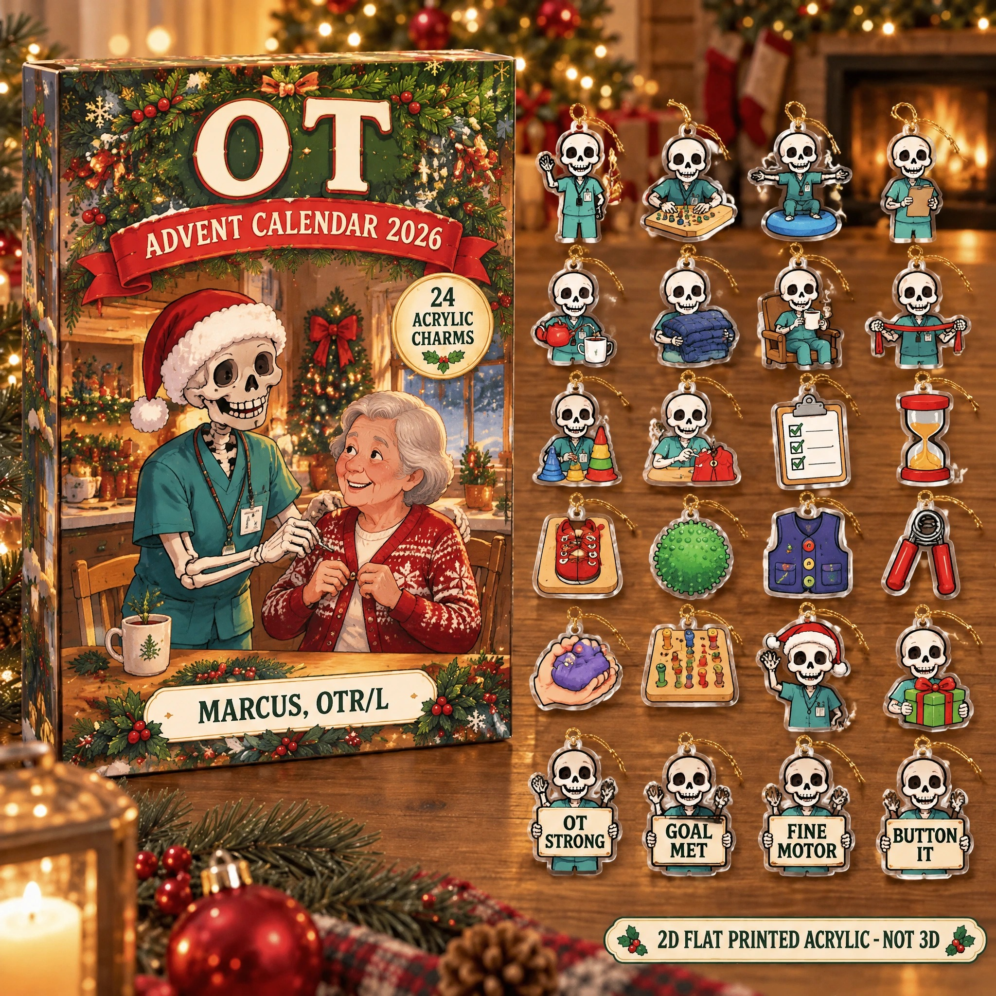 Personalized OT Skeleton advent calendar box with 24 flat acrylic Christmas charms