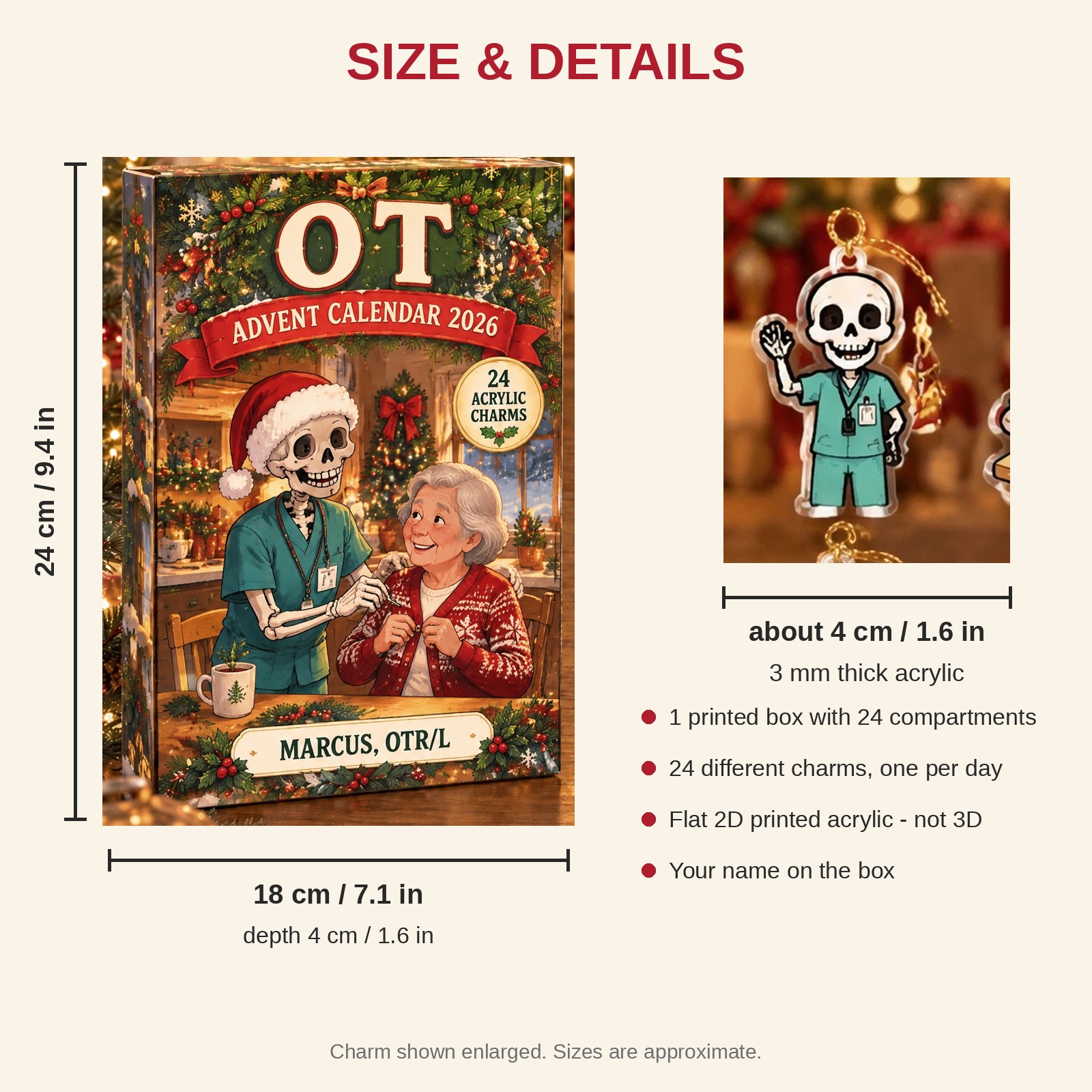 Personalized OT Skeleton advent calendar box with 24 flat acrylic Christmas charms: box and charm sizes