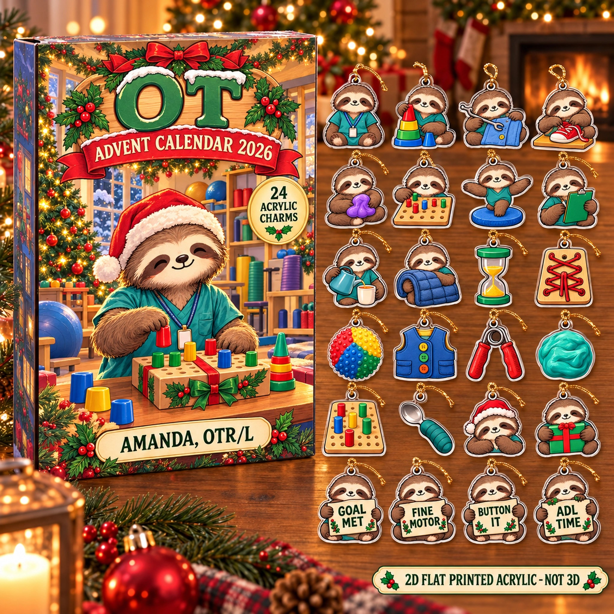 Personalized OT Sloth advent calendar box with 24 flat acrylic Christmas charms
