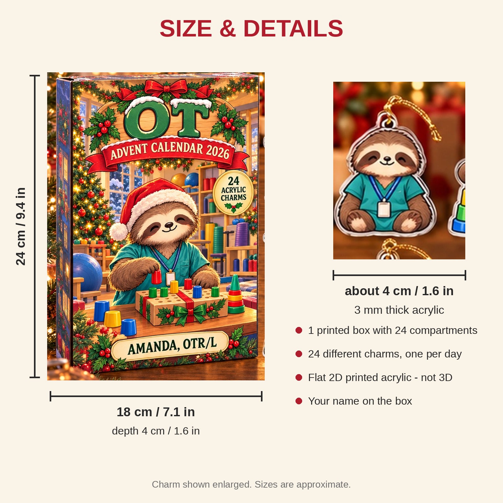 Personalized OT Sloth advent calendar box with 24 flat acrylic Christmas charms: box and charm sizes
