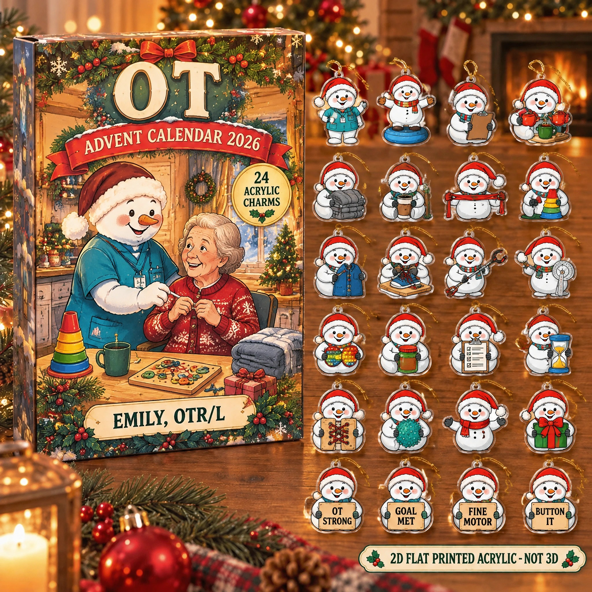 Personalized OT Snowman advent calendar box with 24 flat acrylic Christmas charms
