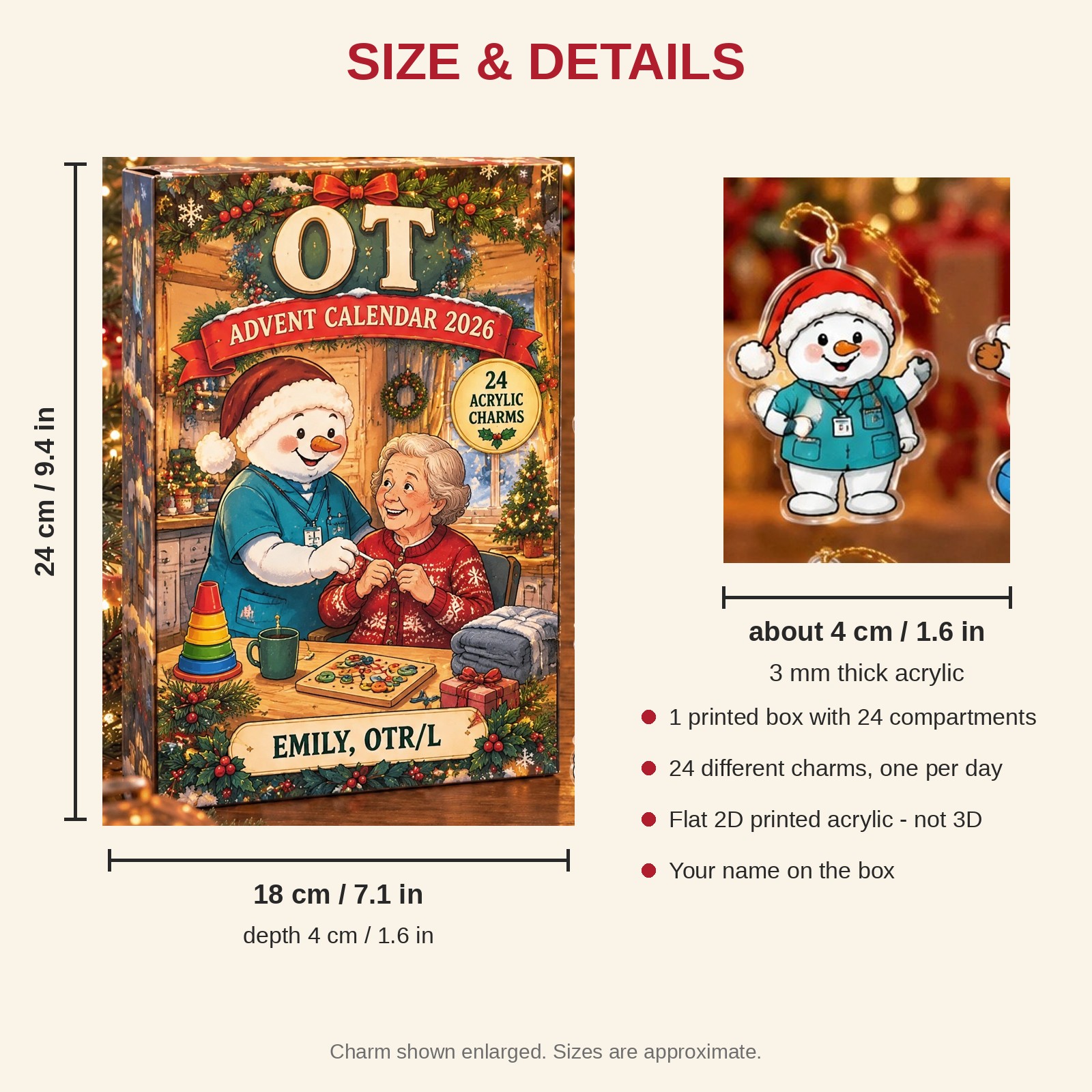 Personalized OT Snowman advent calendar box with 24 flat acrylic Christmas charms: box and charm sizes