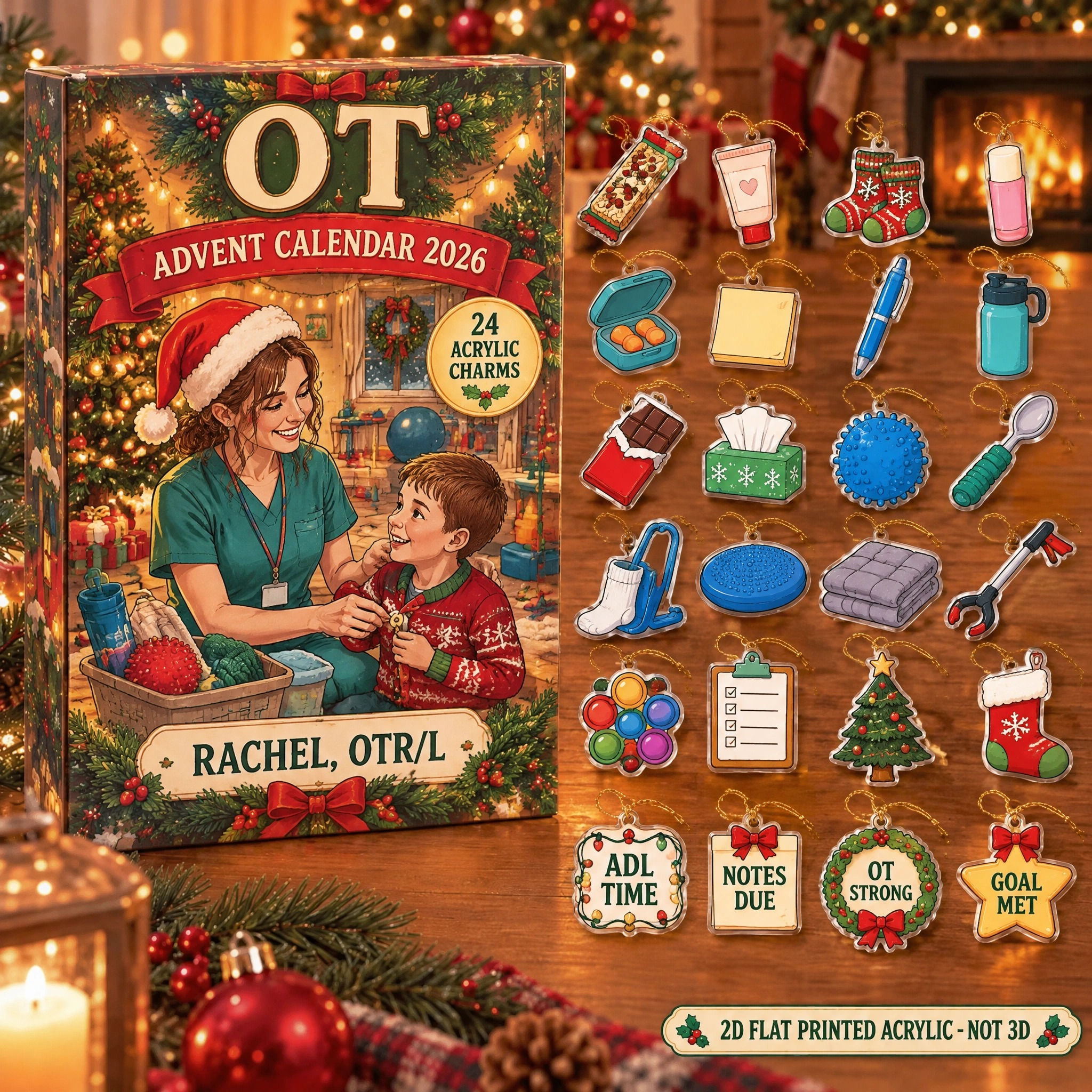 Personalized OT Survival Kit advent calendar box with 24 flat acrylic Christmas charms