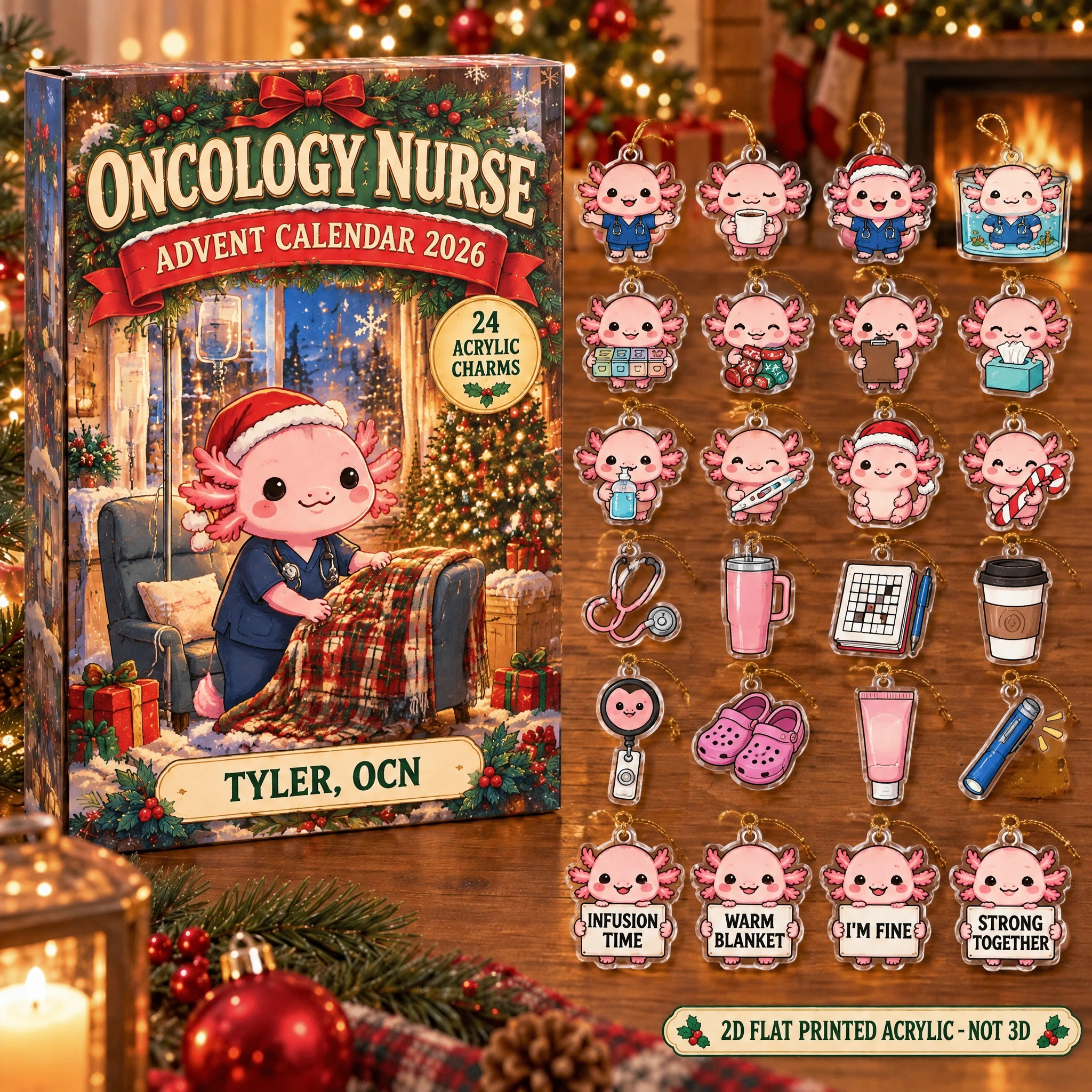 Personalized Oncology Nurse Axolotl advent calendar box with 24 flat acrylic Christmas charms