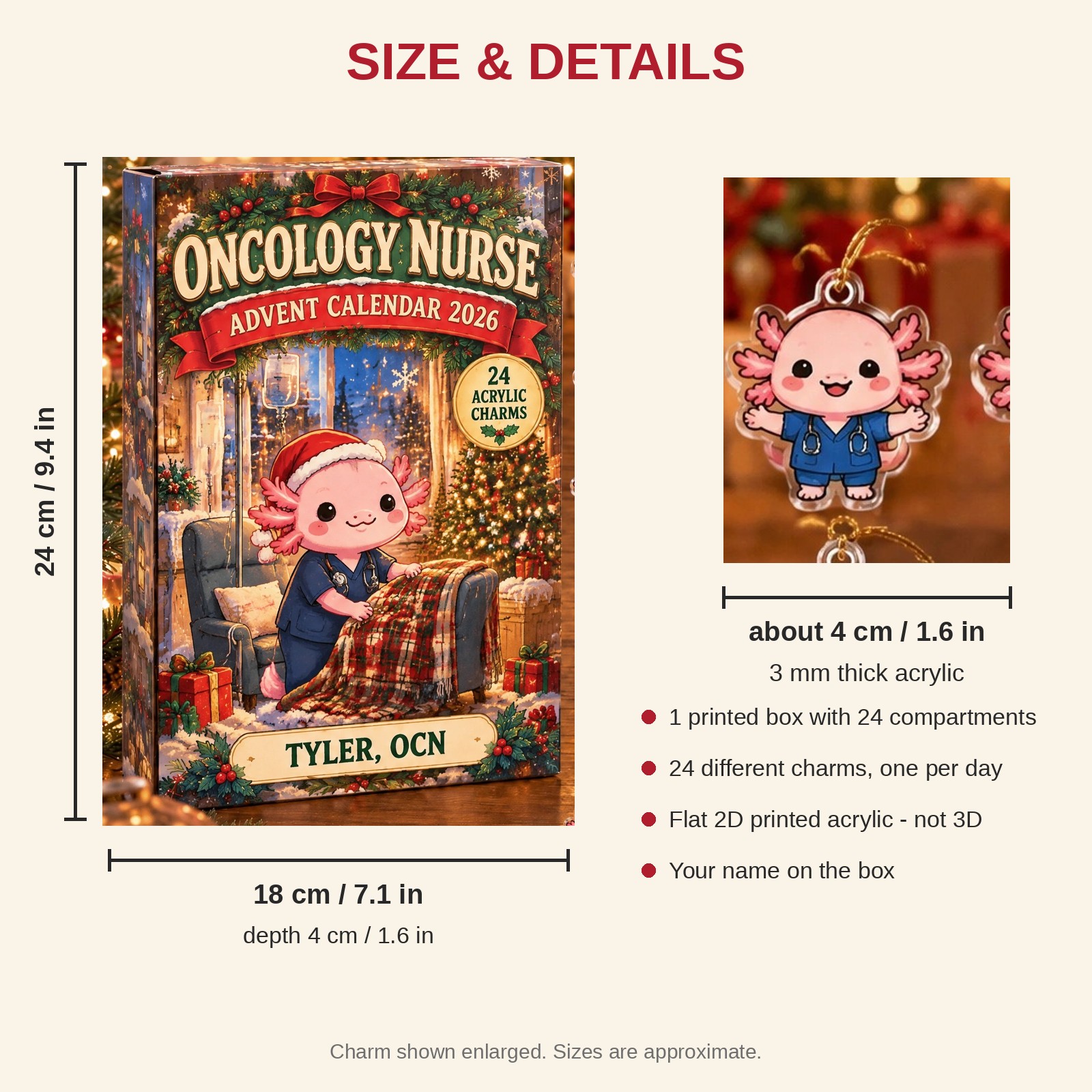 Personalized Oncology Nurse Axolotl advent calendar box with 24 flat acrylic Christmas charms: box and charm sizes