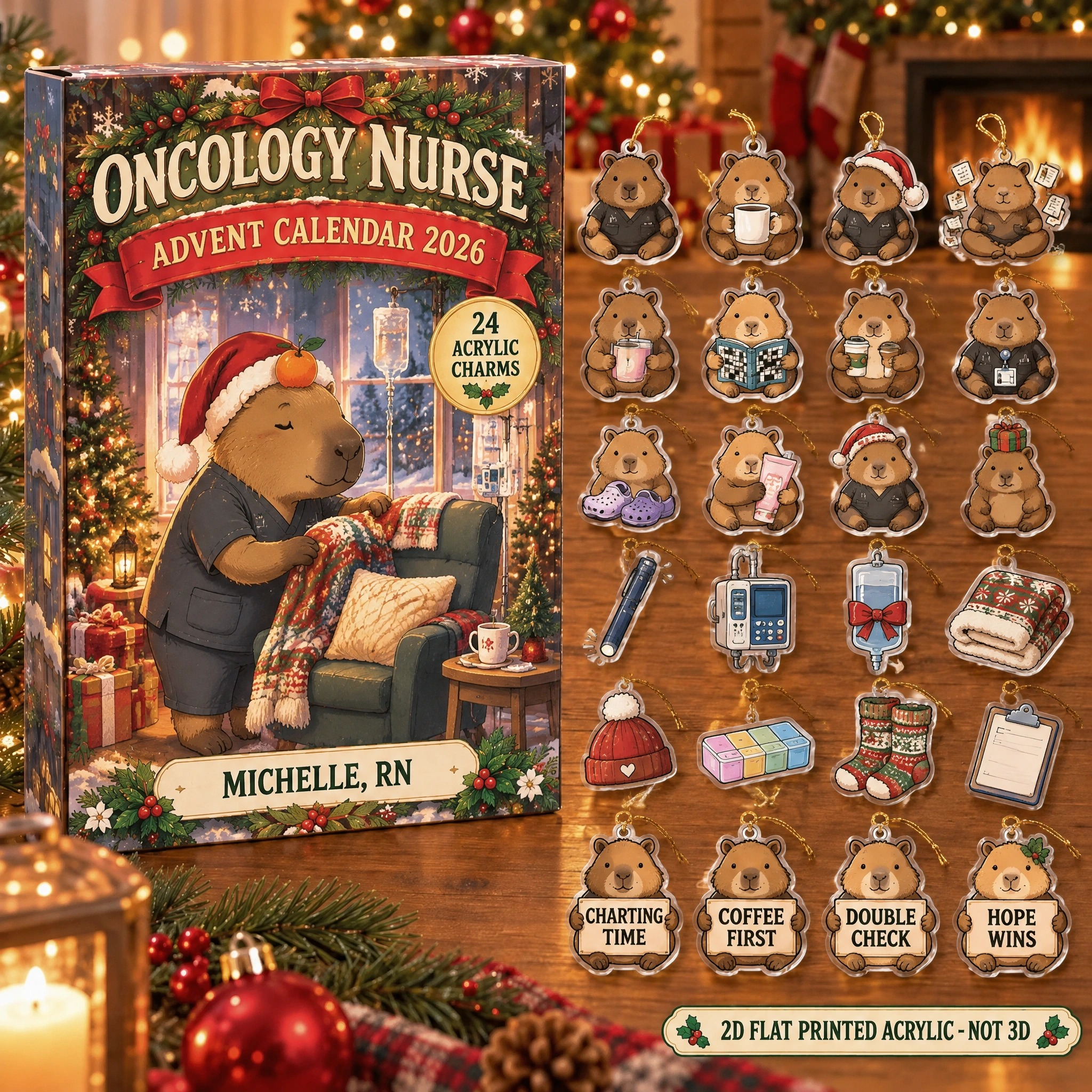 Personalized Oncology Nurse Capybara advent calendar box with 24 flat acrylic Christmas charms