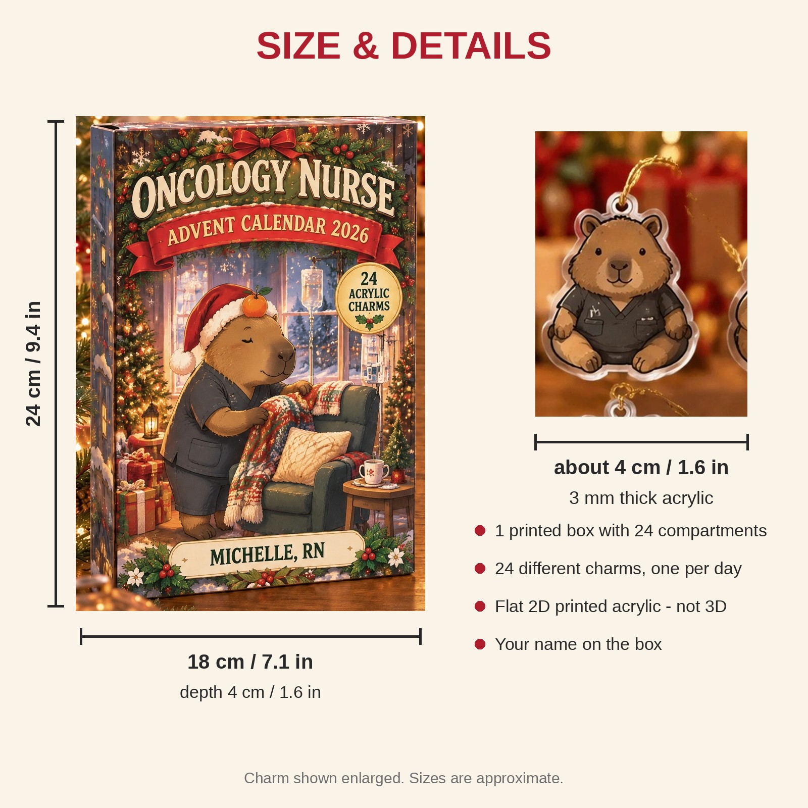 Personalized Oncology Nurse Capybara advent calendar box with 24 flat acrylic Christmas charms: box and charm sizes