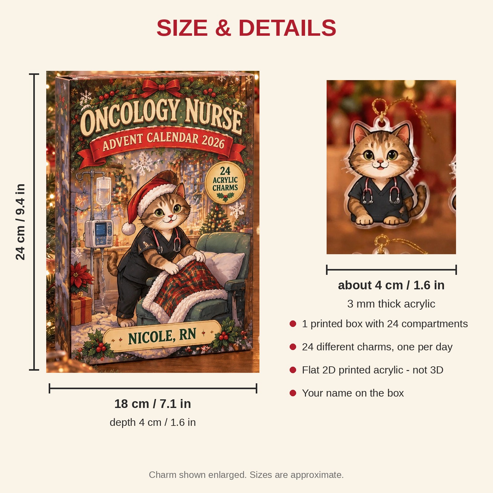 Personalized Oncology Nurse Cat advent calendar box with 24 flat acrylic Christmas charms: box and charm sizes