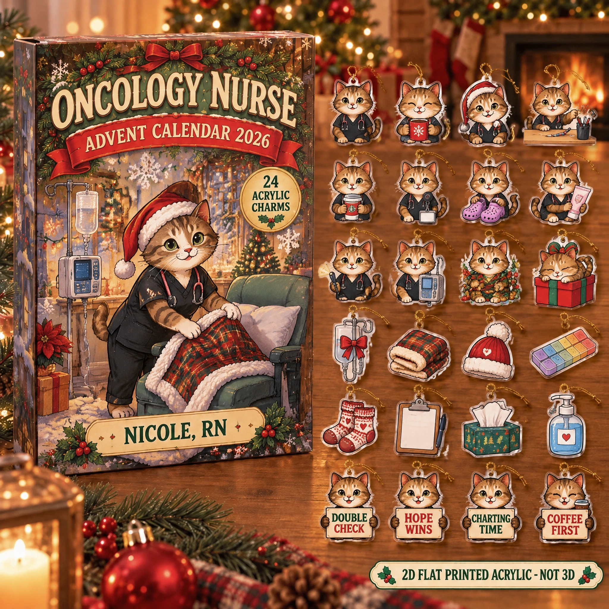Personalized Oncology Nurse Cat advent calendar box with 24 flat acrylic Christmas charms
