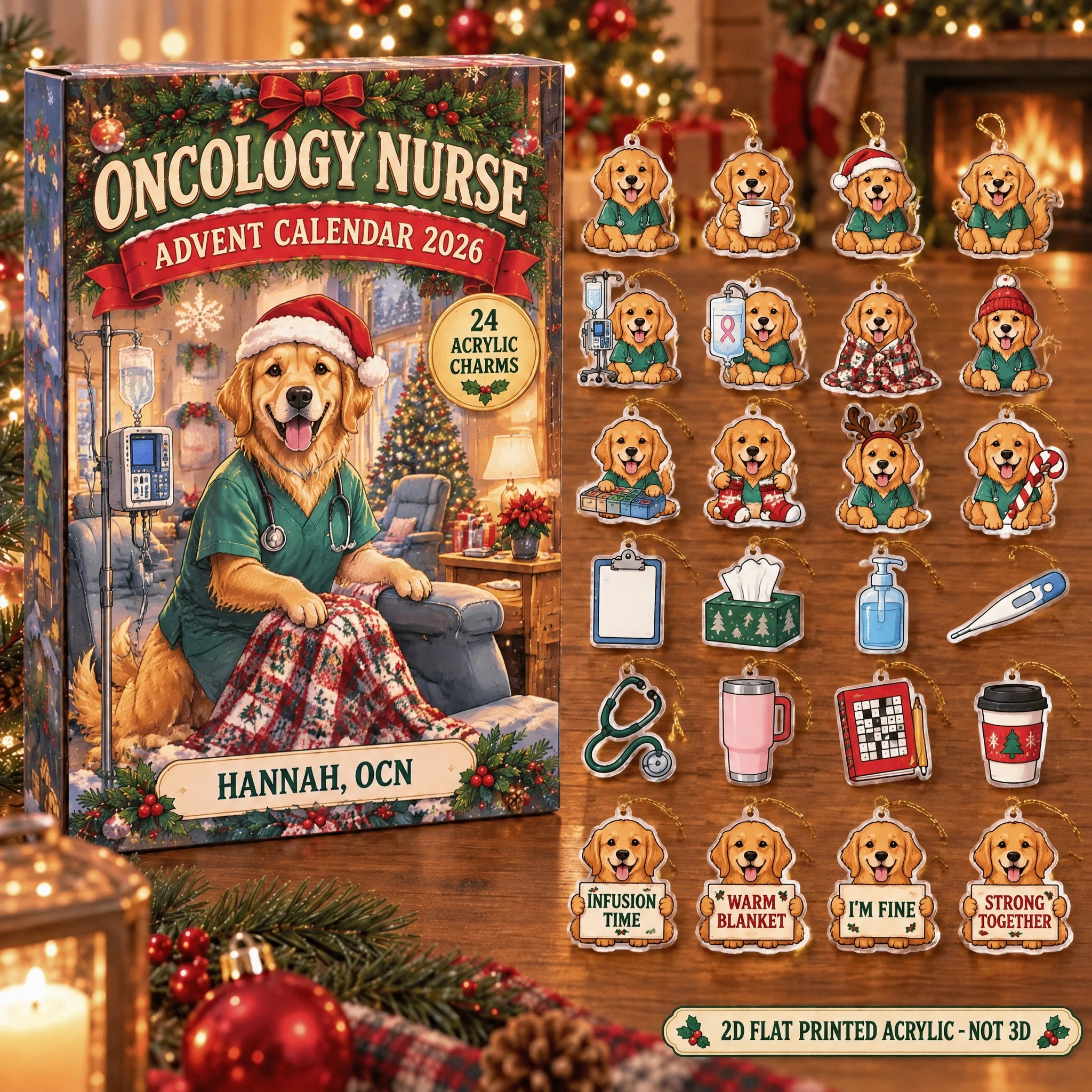 Personalized Oncology Nurse Dog advent calendar box with 24 flat acrylic Christmas charms