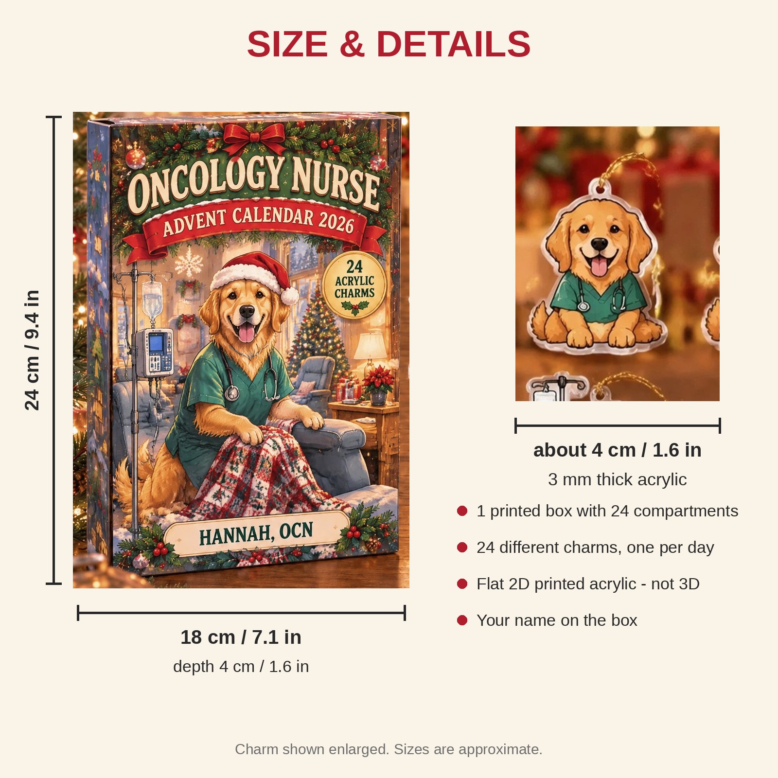Personalized Oncology Nurse Dog advent calendar box with 24 flat acrylic Christmas charms: box and charm sizes