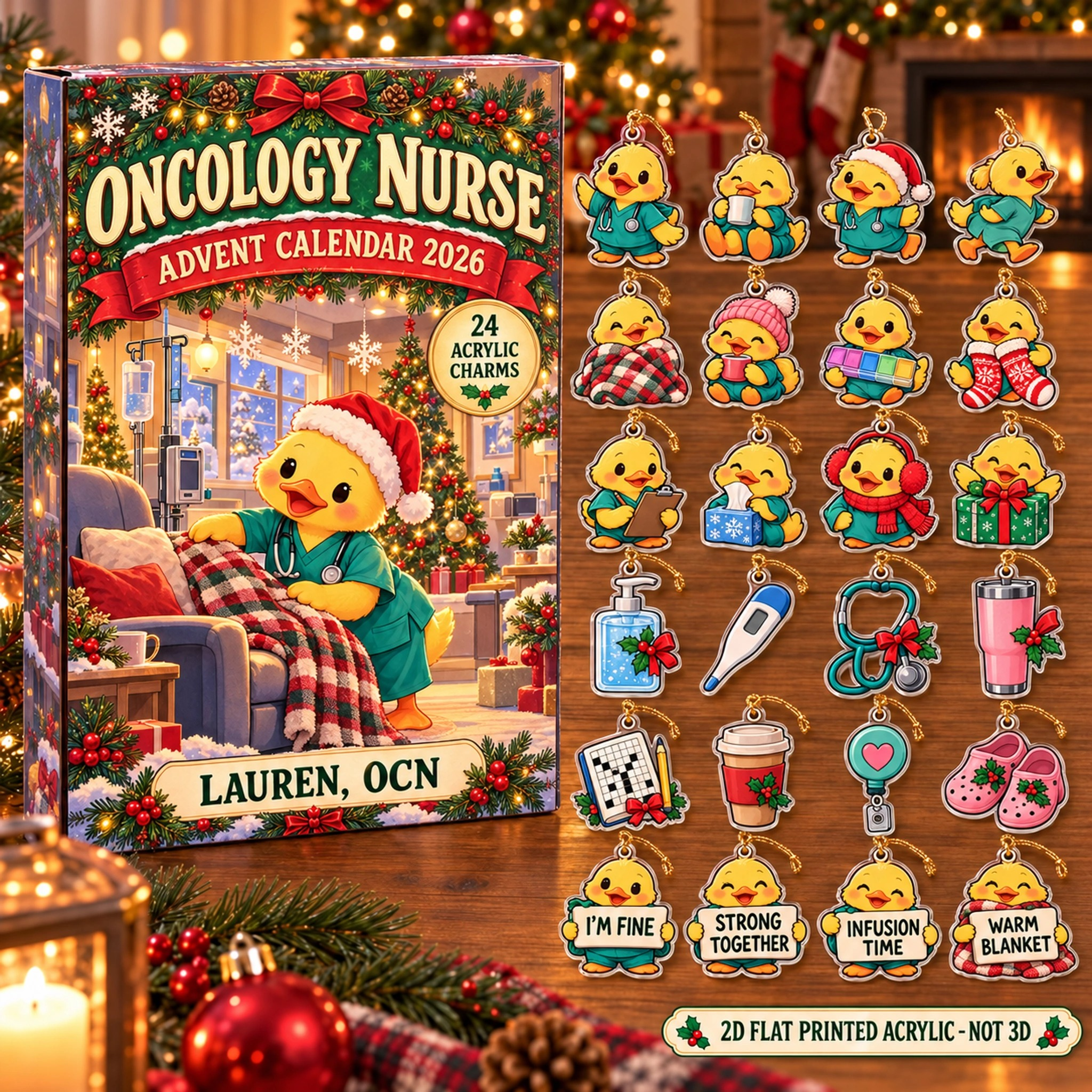 Personalized Oncology Nurse Duck advent calendar box with 24 flat acrylic Christmas charms