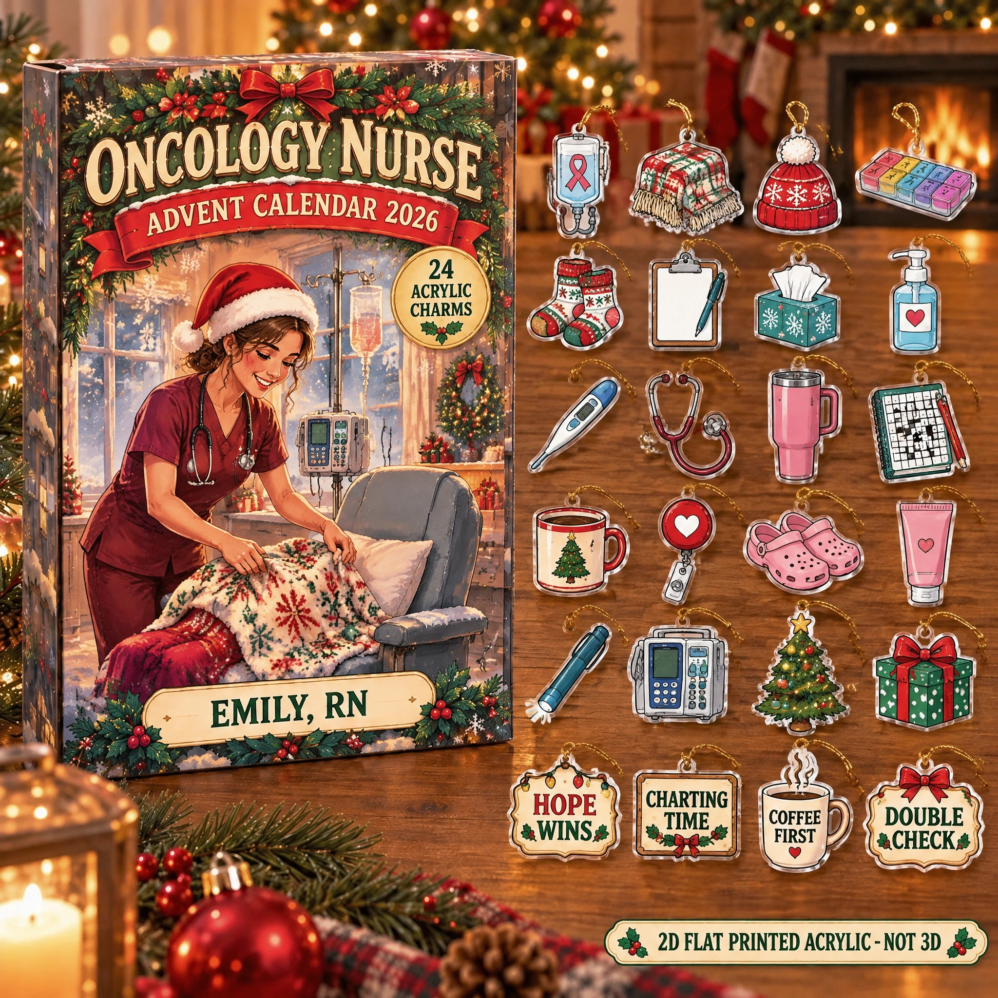 Personalized Oncology Nurse Essentials advent calendar box with 24 flat acrylic Christmas charms