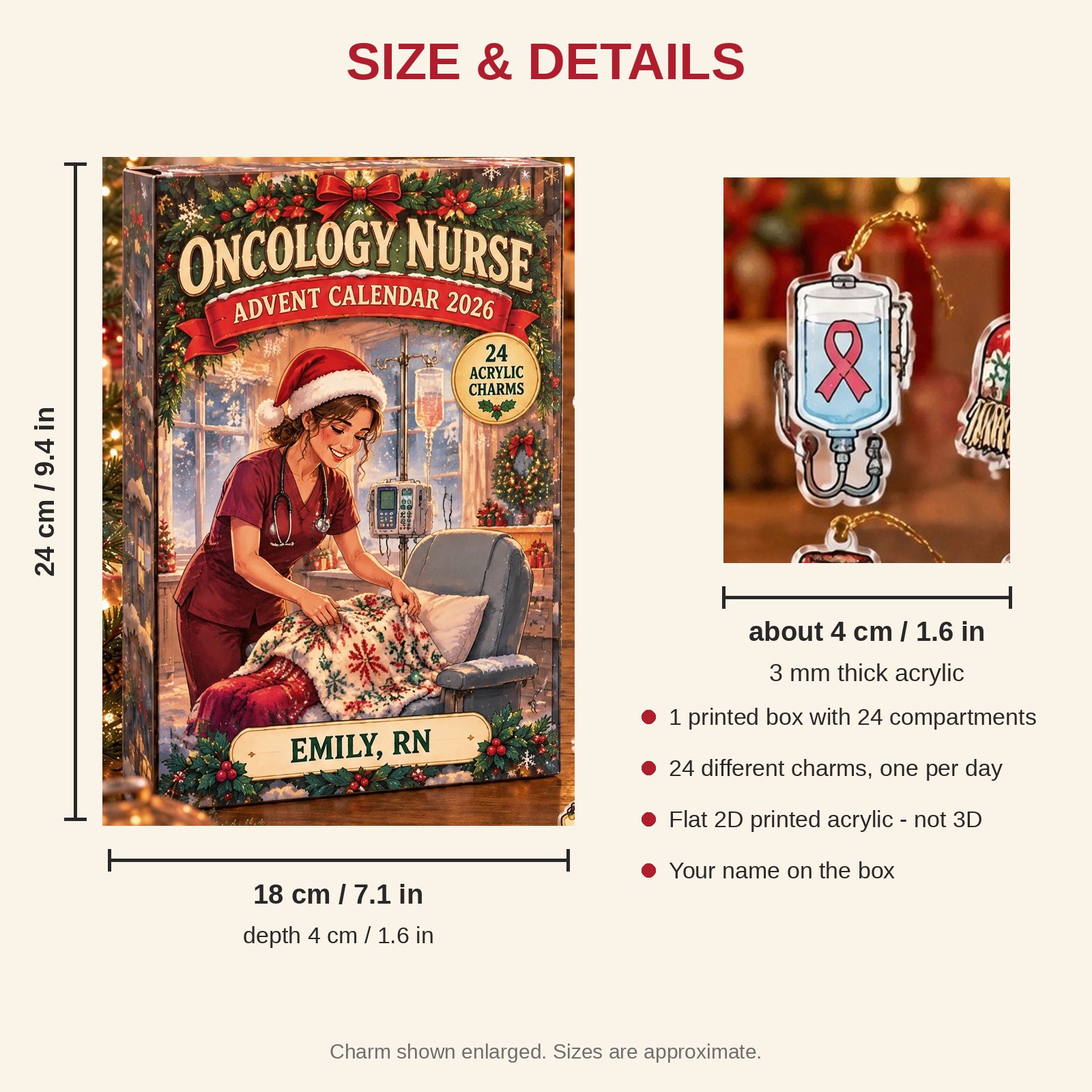 Personalized Oncology Nurse Essentials advent calendar box with 24 flat acrylic Christmas charms: box and charm sizes