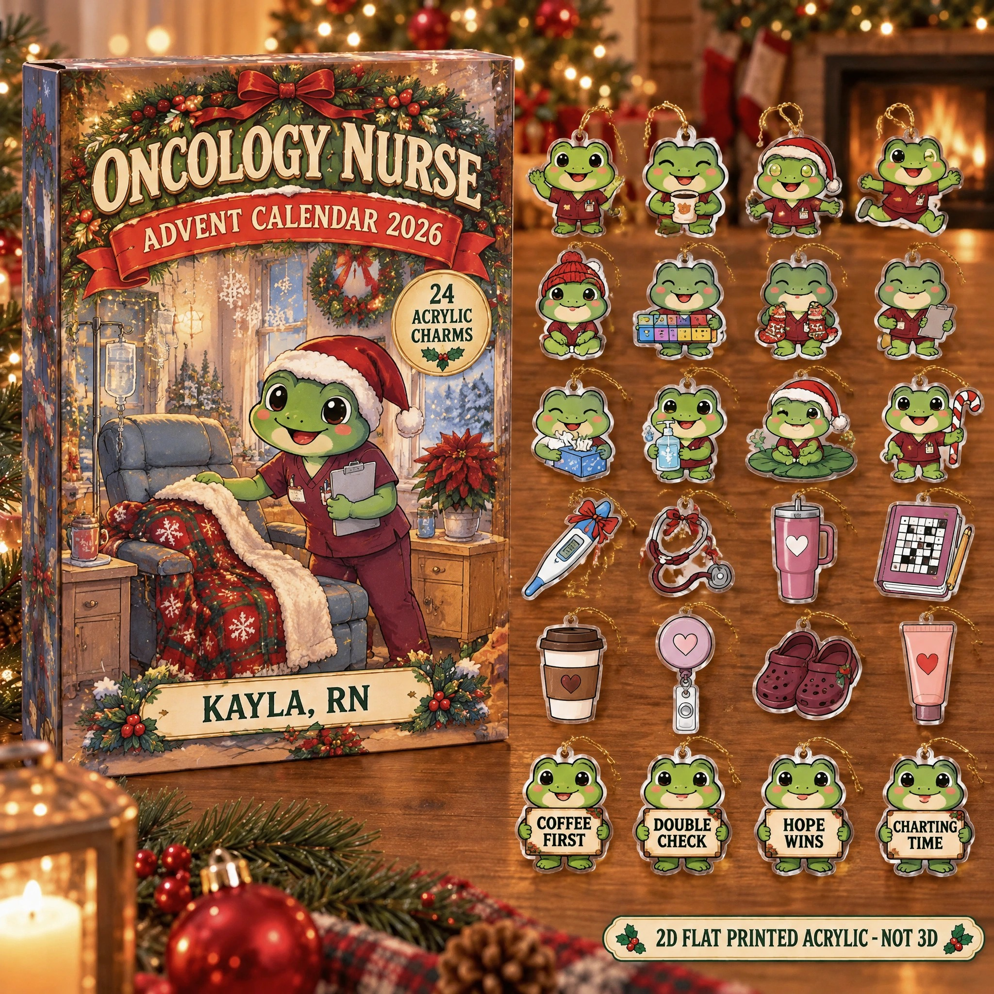 Personalized Oncology Nurse Frog advent calendar box with 24 flat acrylic Christmas charms