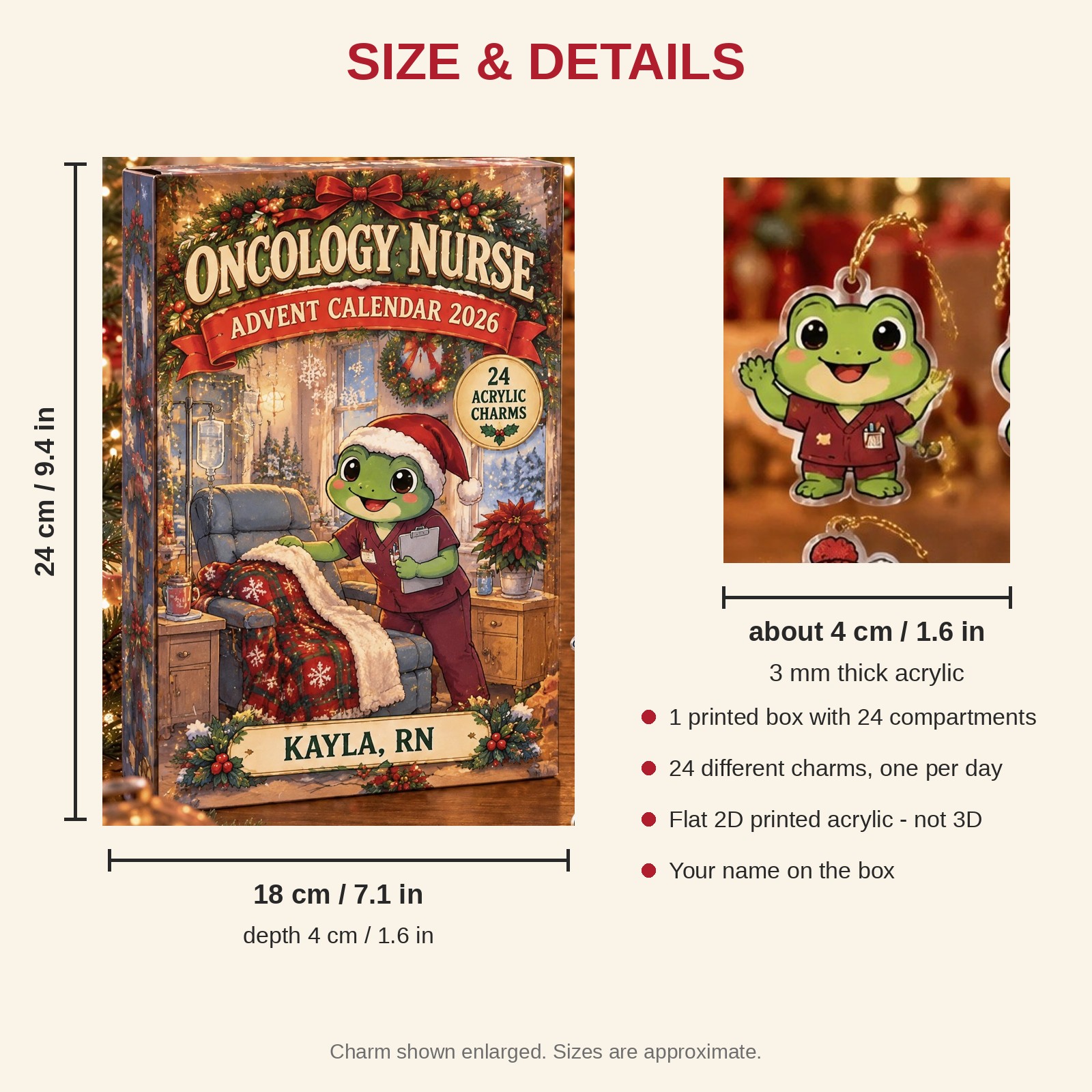Personalized Oncology Nurse Frog advent calendar box with 24 flat acrylic Christmas charms: box and charm sizes