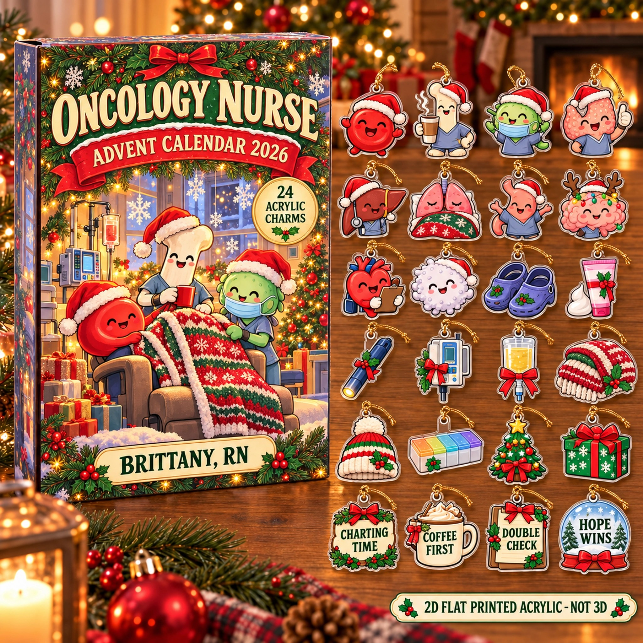 Personalized Oncology Nurse Funny Anatomy advent calendar box with 24 flat acrylic Christmas charms