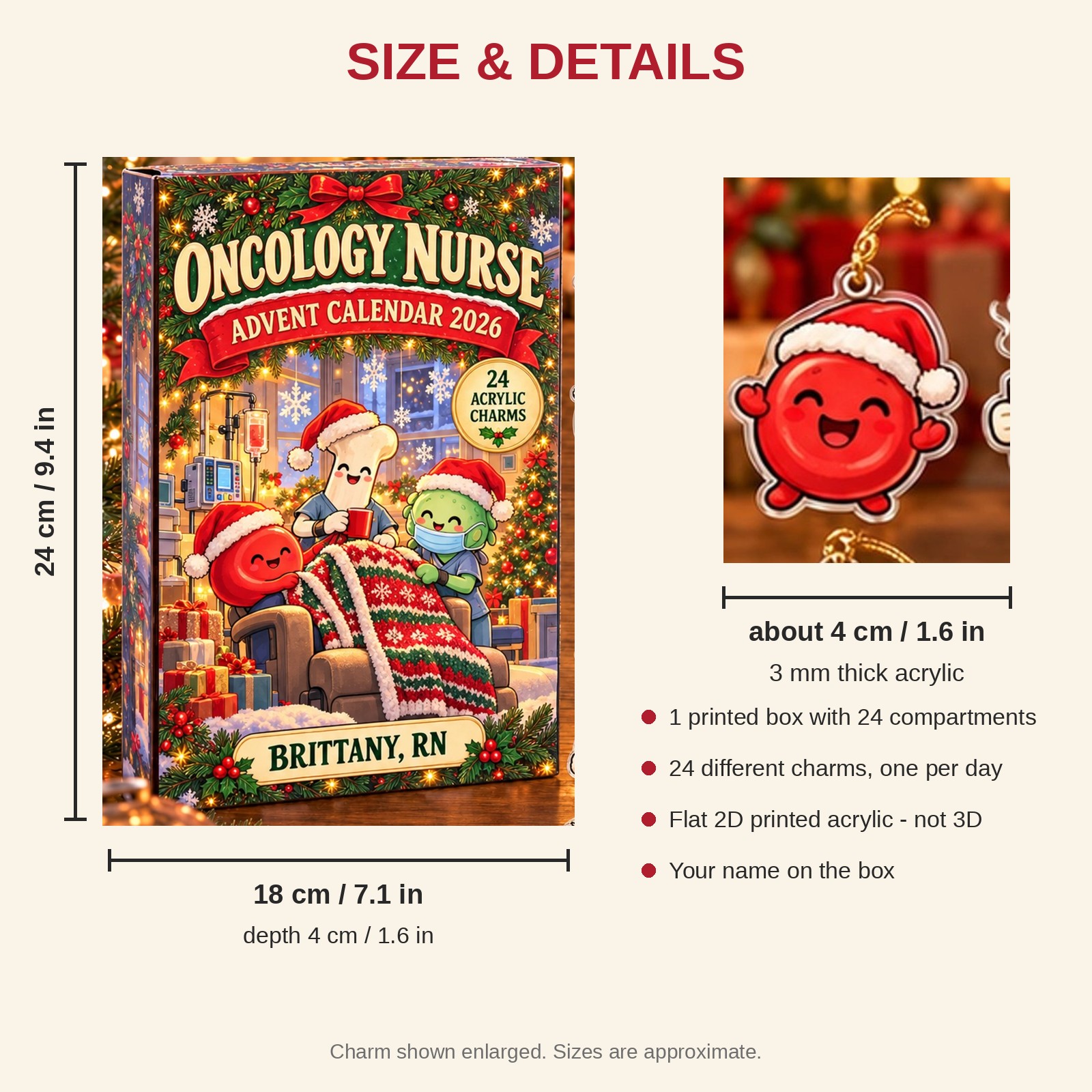 Personalized Oncology Nurse Funny Anatomy advent calendar box with 24 flat acrylic Christmas charms: box and charm sizes