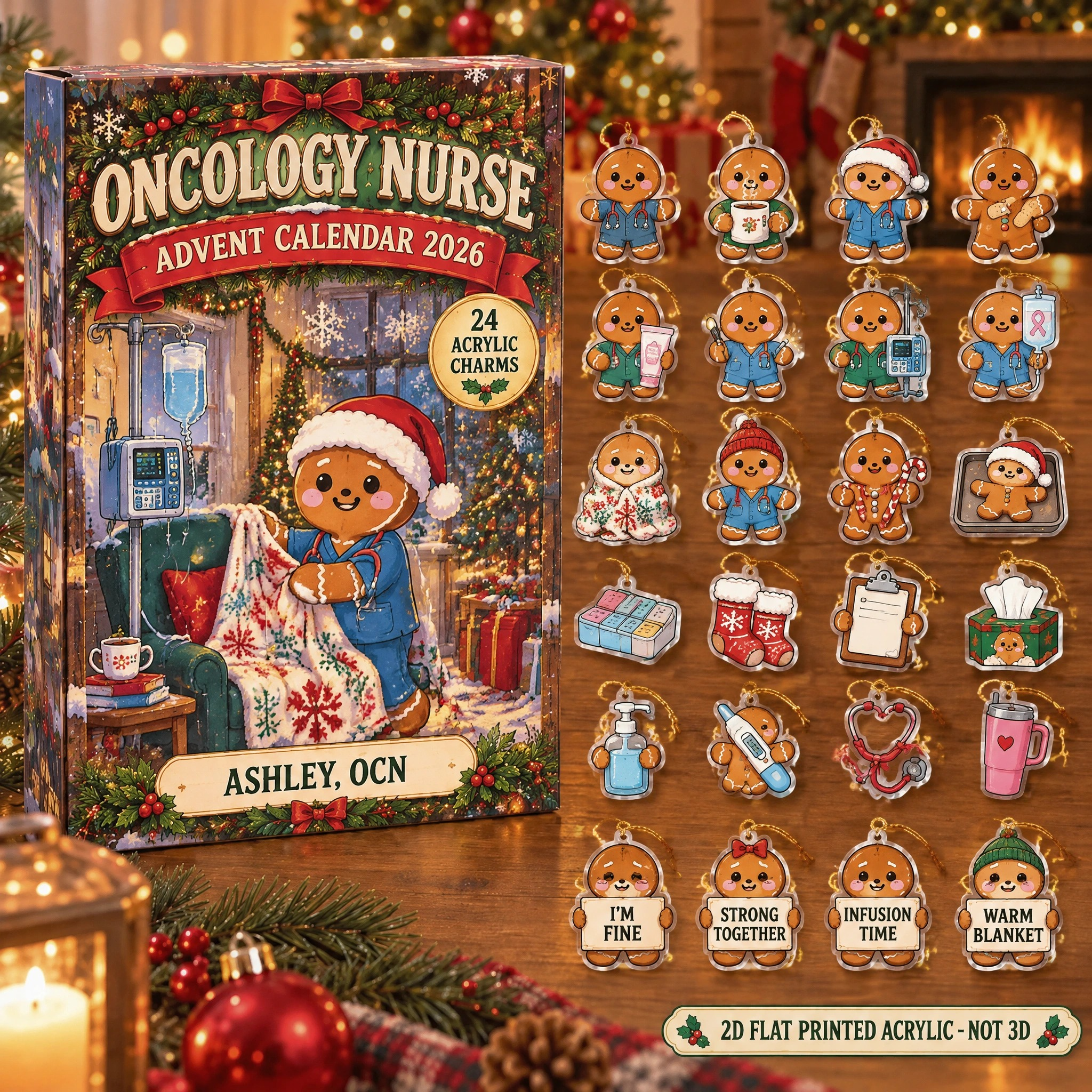 Personalized Oncology Nurse Gingerbread advent calendar box with 24 flat acrylic Christmas charms