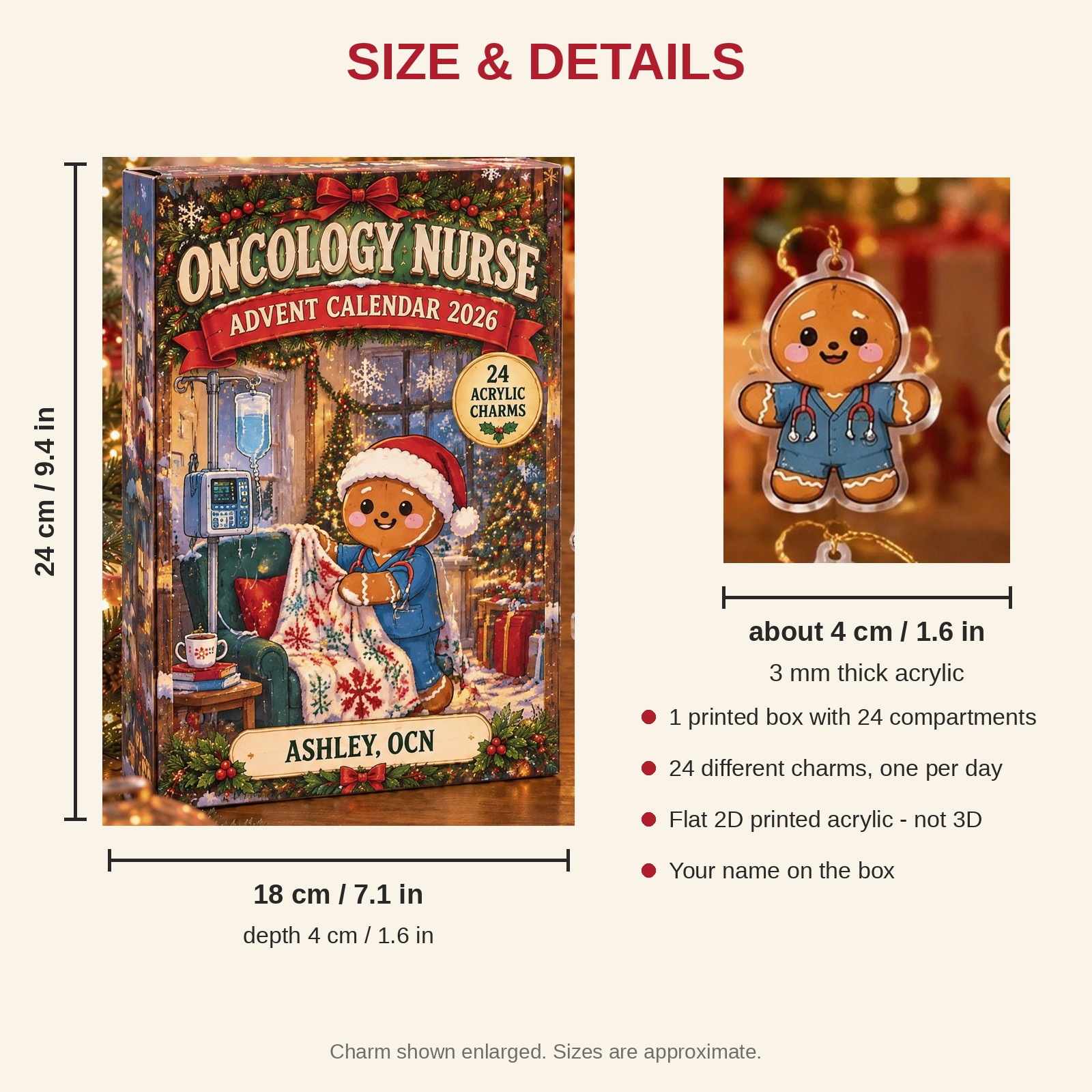 Personalized Oncology Nurse Gingerbread advent calendar box with 24 flat acrylic Christmas charms: box and charm sizes