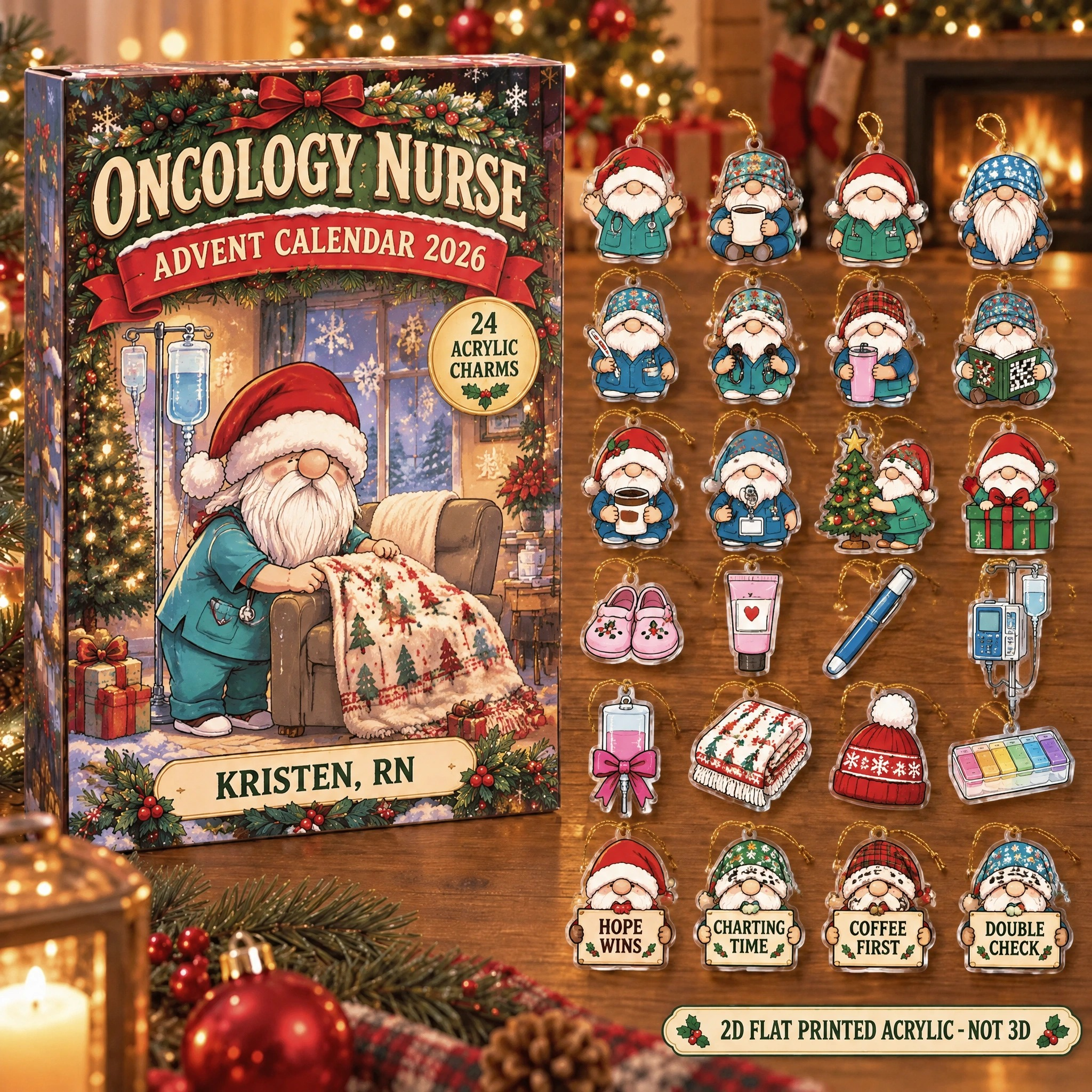 Personalized Oncology Nurse Gnome advent calendar box with 24 flat acrylic Christmas charms