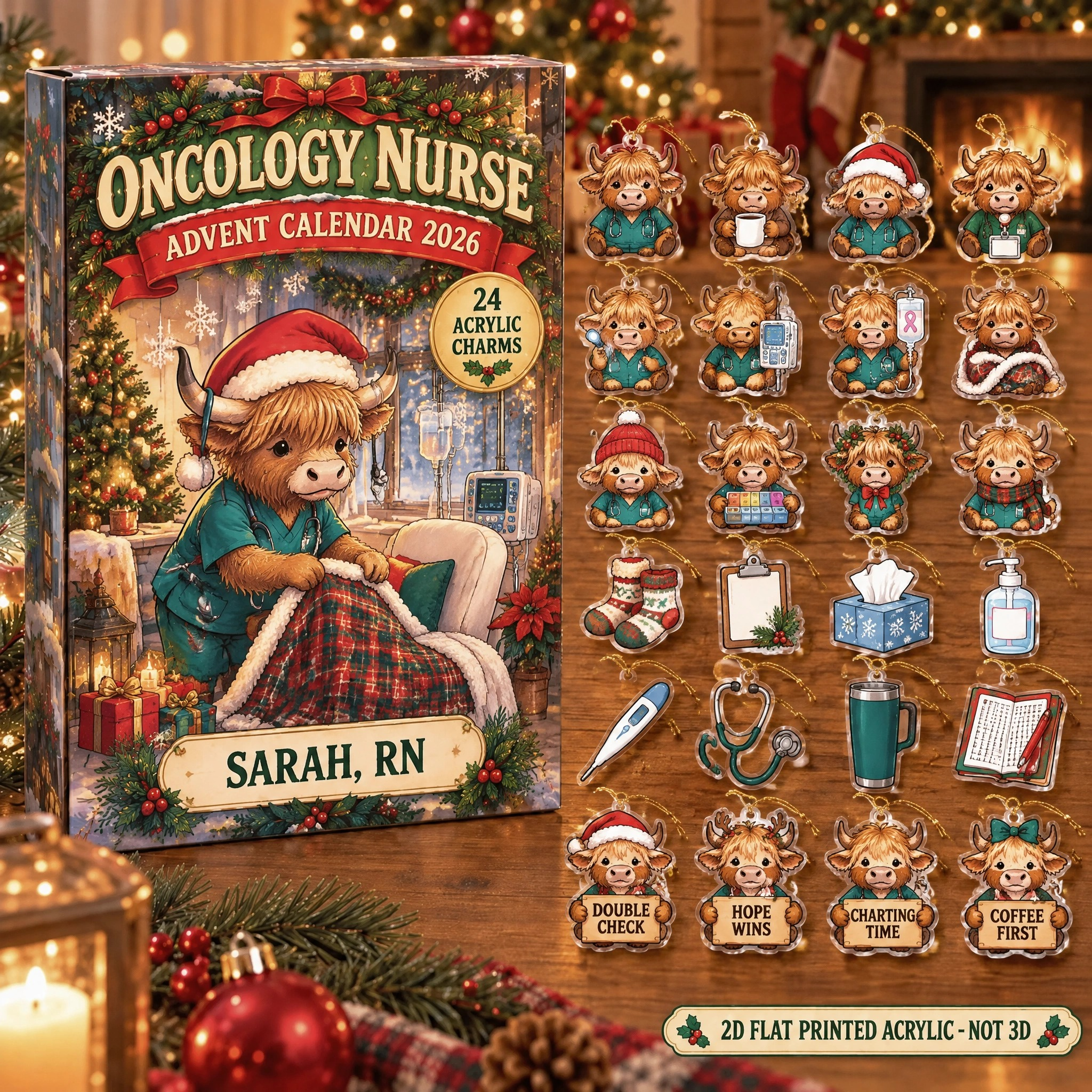 Personalized Oncology Nurse Highland Cow advent calendar box with 24 flat acrylic Christmas charms