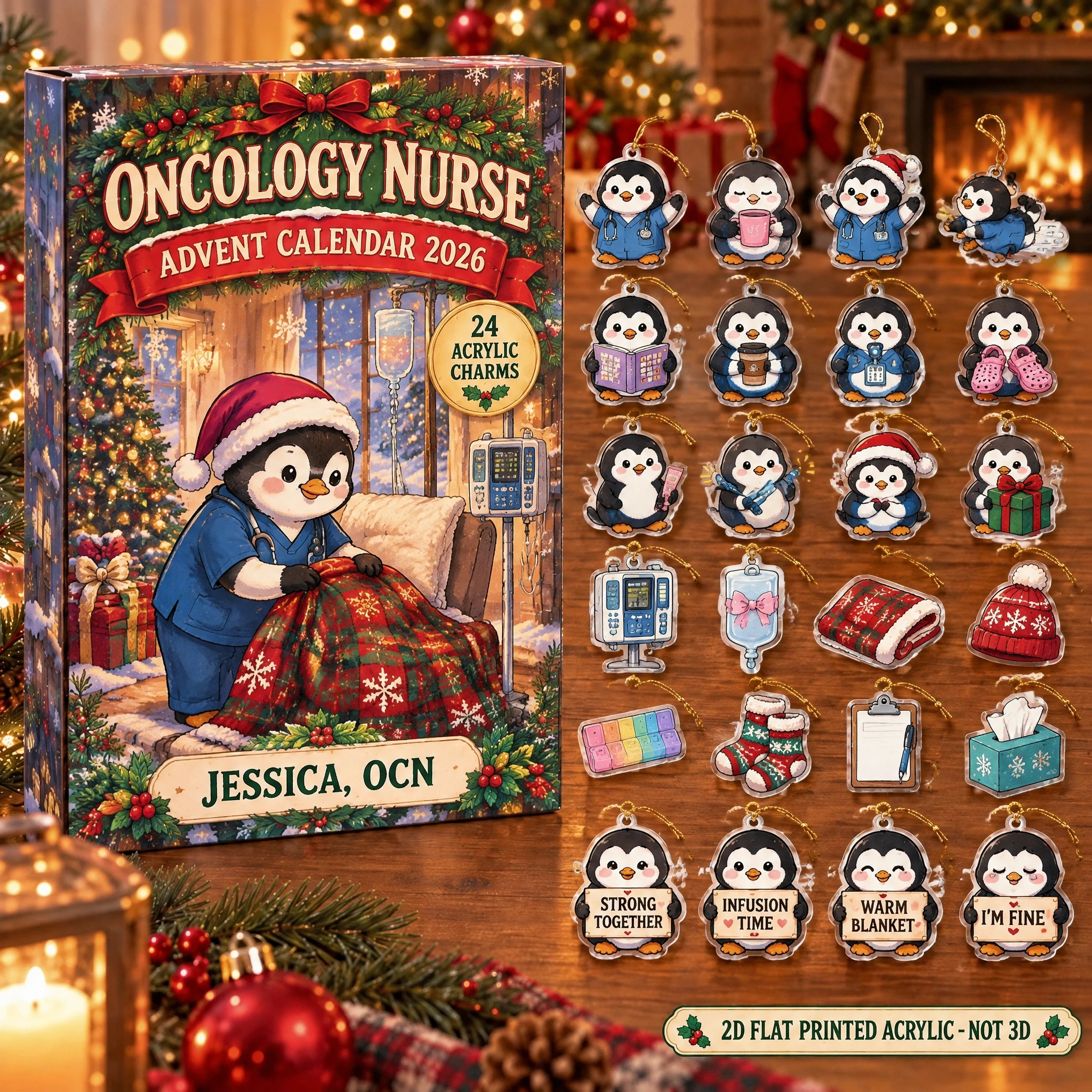 Personalized Oncology Nurse Penguin advent calendar box with 24 flat acrylic Christmas charms