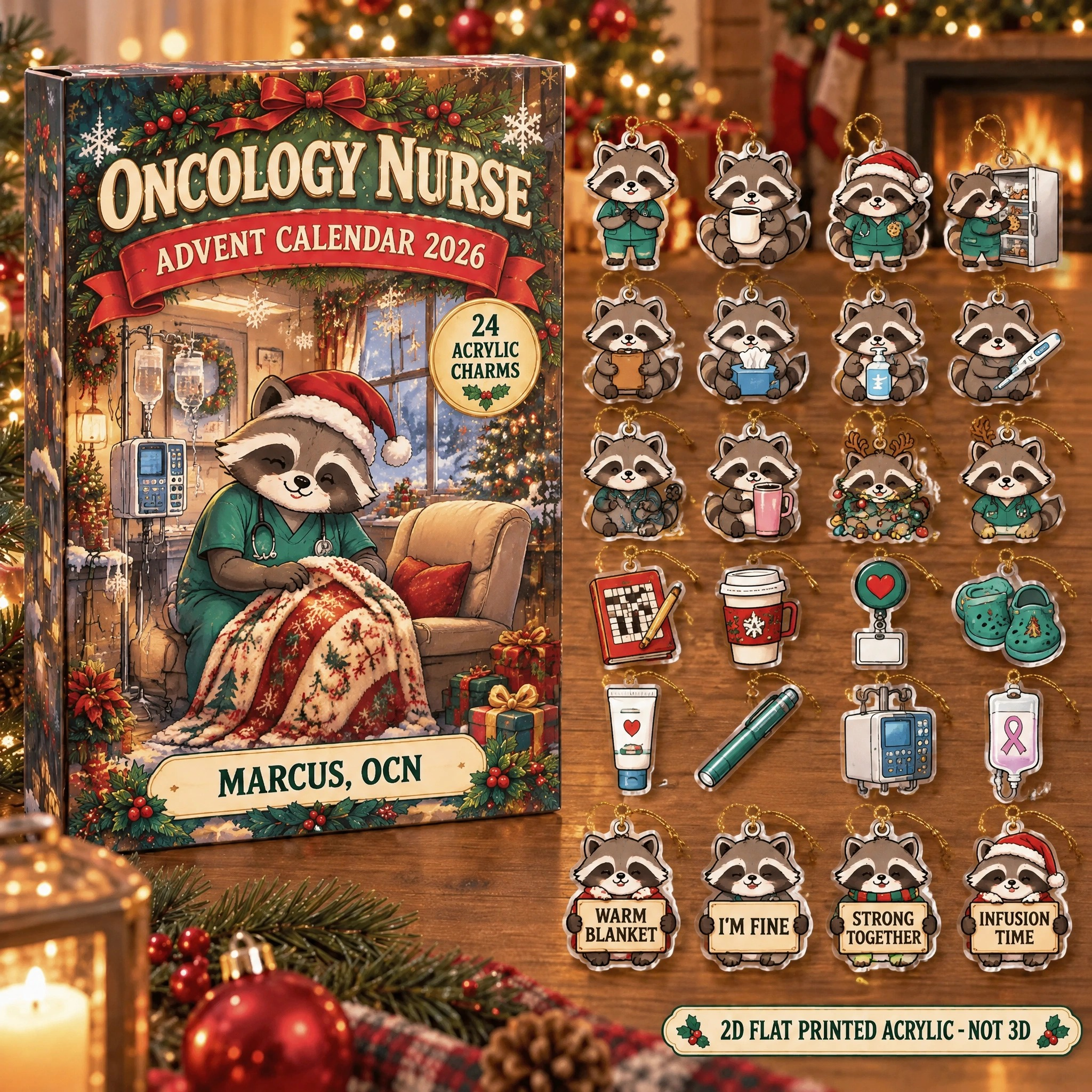 Personalized Oncology Nurse Raccoon advent calendar box with 24 flat acrylic Christmas charms