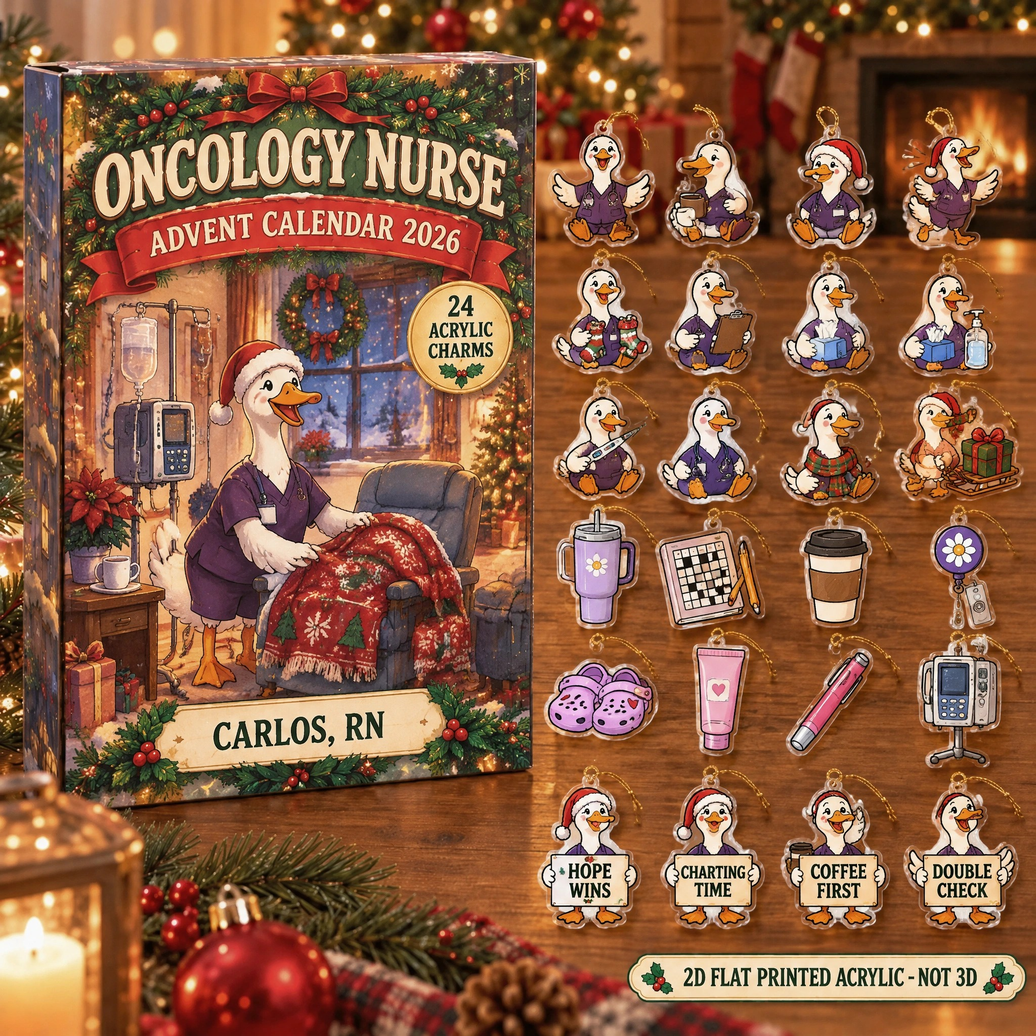 Personalized Oncology Nurse Silly Goose advent calendar box with 24 flat acrylic Christmas charms