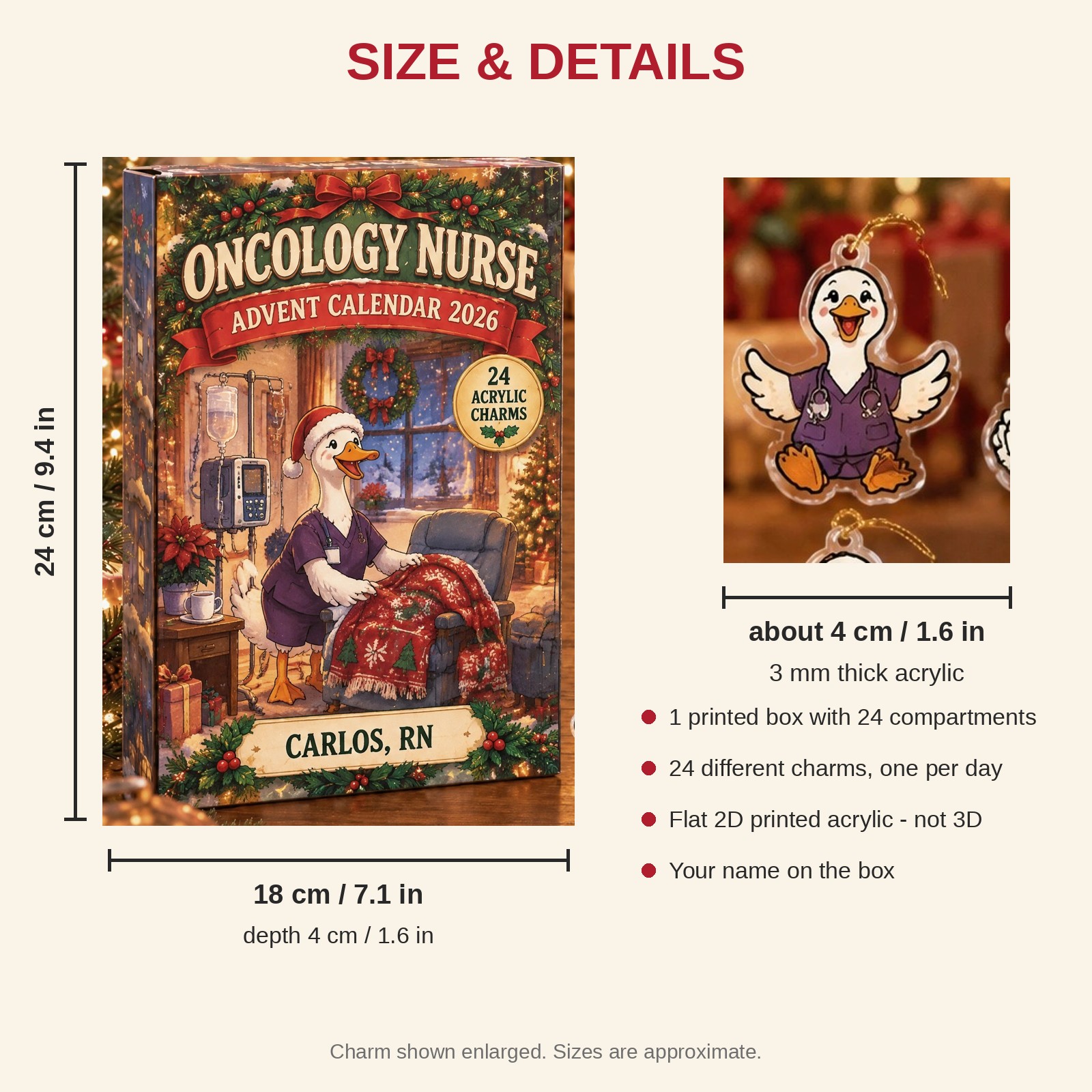 Personalized Oncology Nurse Silly Goose advent calendar box with 24 flat acrylic Christmas charms: box and charm sizes