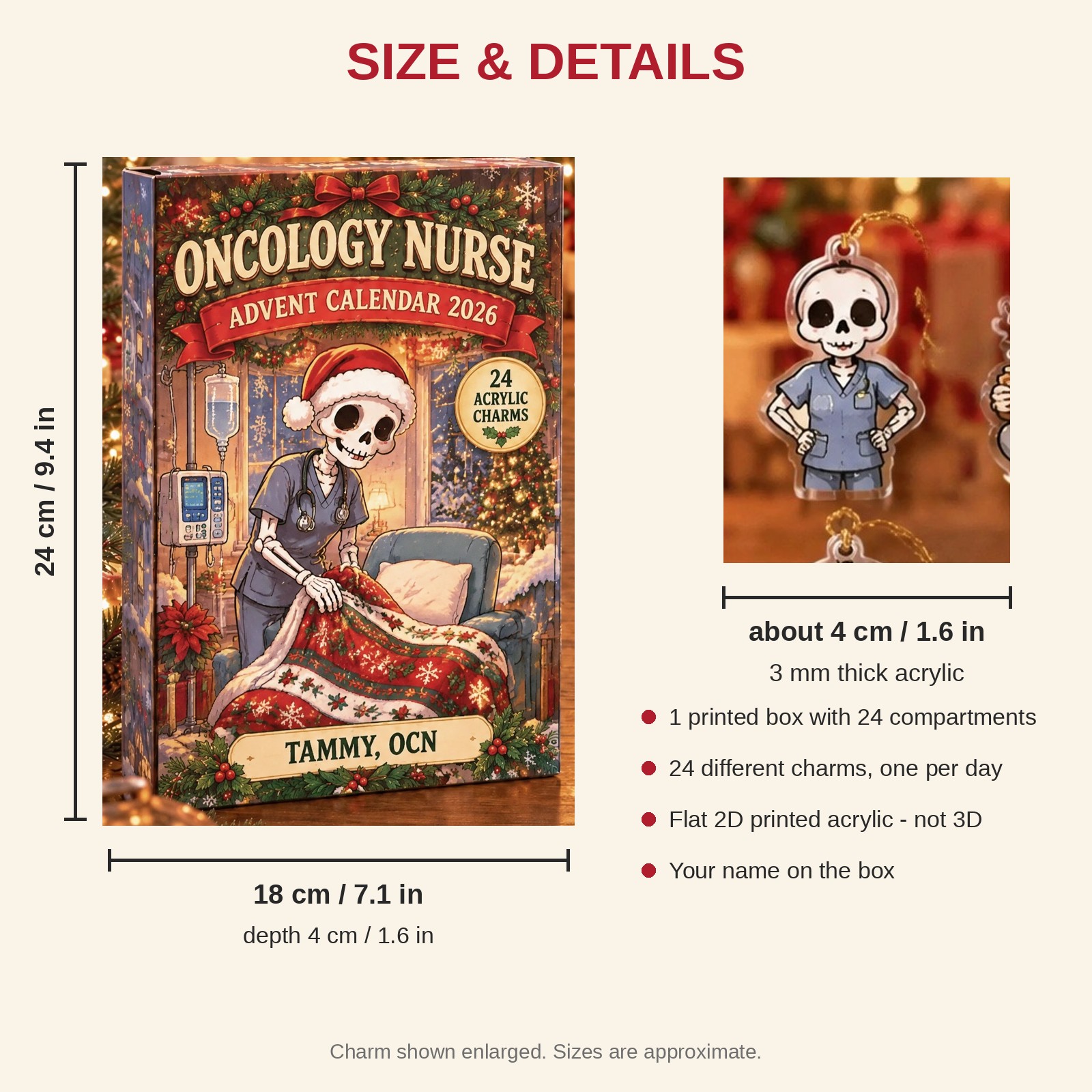 Personalized Oncology Nurse Skeleton advent calendar box with 24 flat acrylic Christmas charms: box and charm sizes